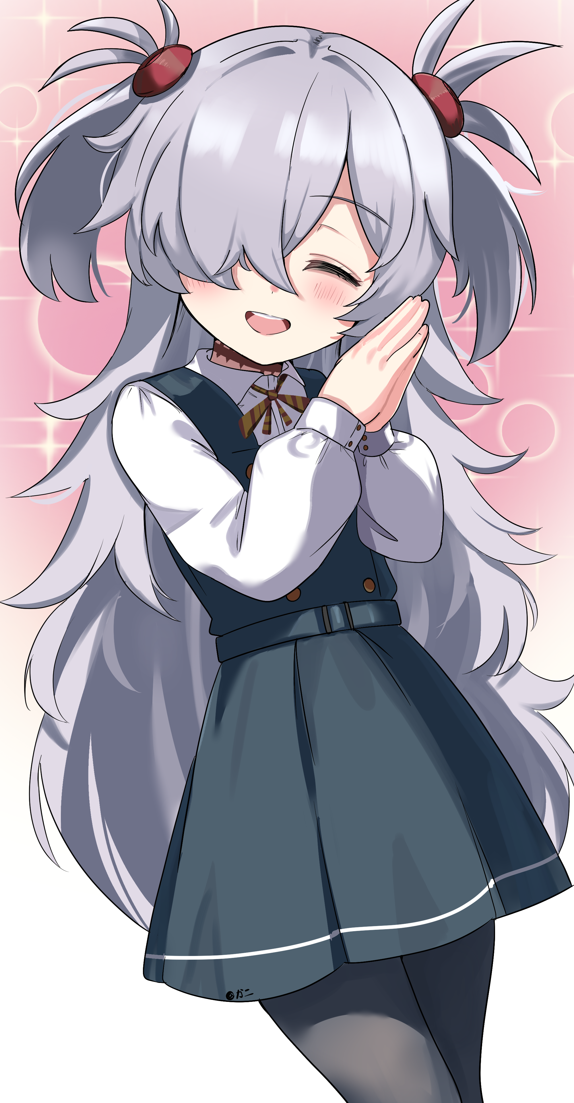 saabyboi, kanoe (blue archive), blue archive, absurdres, commentary, highres, 1girl, black dress, black pantyhose, brown ribbon, closed eyes, collared shirt, cowboy shot, dress, grey hair, hair ornament, hair over one eye, long hair, long sleeves, looking at viewer, neck ribbon, open mouth, own hands together, pantyhose, pinafore dress, puffy long sleeves, puffy sleeves, ribbon, shirt, sleeveless, sleeveless dress, smile, solo, teeth, two side up, upper teeth only, very long hair, white shirt