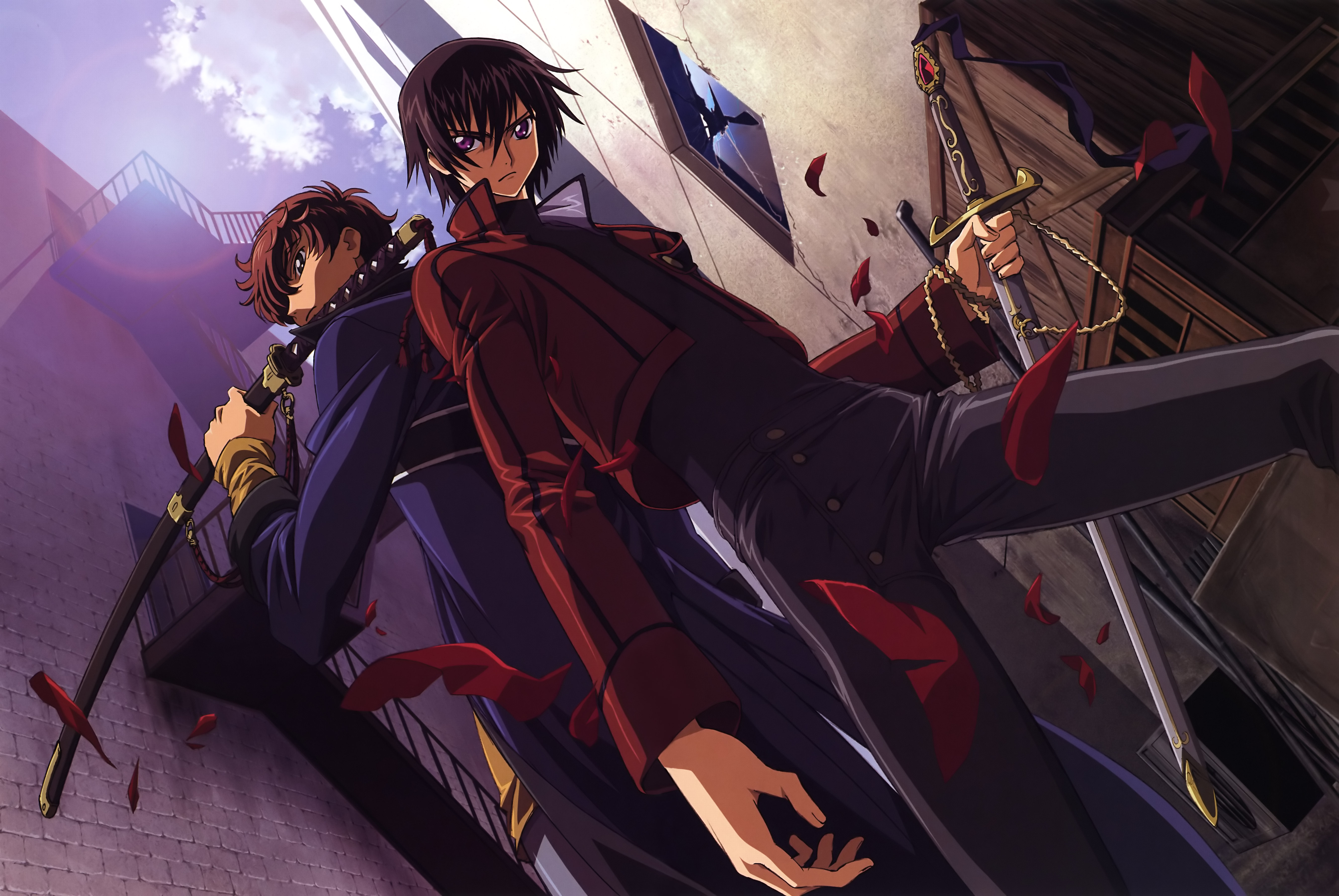 kururugi suzaku, lelouch vi britannia, code geass, absurdres, highres, 00s, 2boys, air conditioner, alley, crack, cracked wall, day, from below, frown, hair between eyes, holding, holding sword, holding weapon, legs apart, male focus, multiple boys, outdoors, sheath, sheathed, sky, standing, sword, weapon