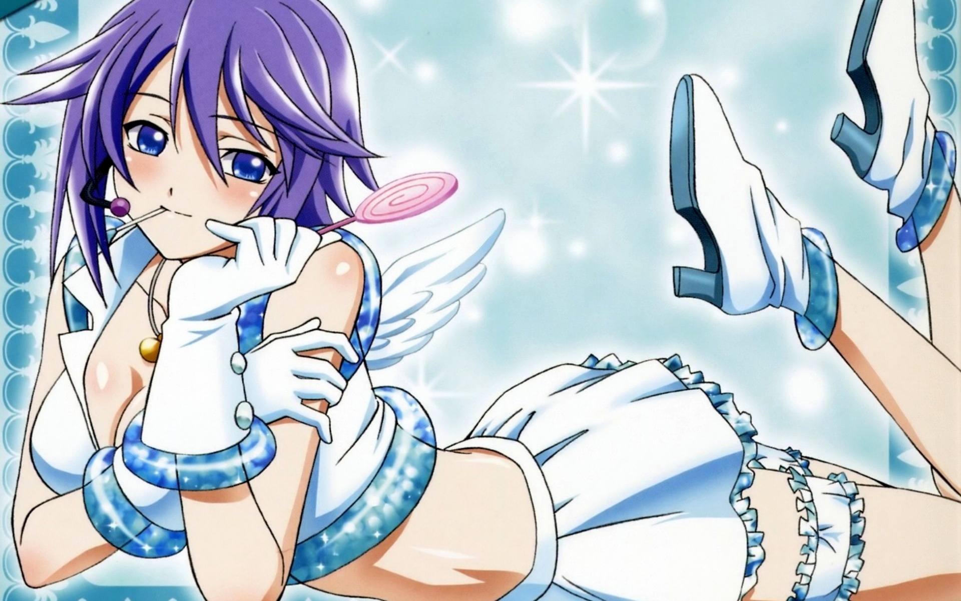 shirayuki mizore, rosario+vampire, highres, 00s, 1girl, blue eyes, blush, breasts, candy, cleavage, female focus, food, food in mouth, gloves, idol clothes, jewelry, lollipop, looking at viewer, lying, necklace, on stomach, purple hair, shirt, skirt, smile, solo, sparkle, white gloves, white shirt, white skirt, wings