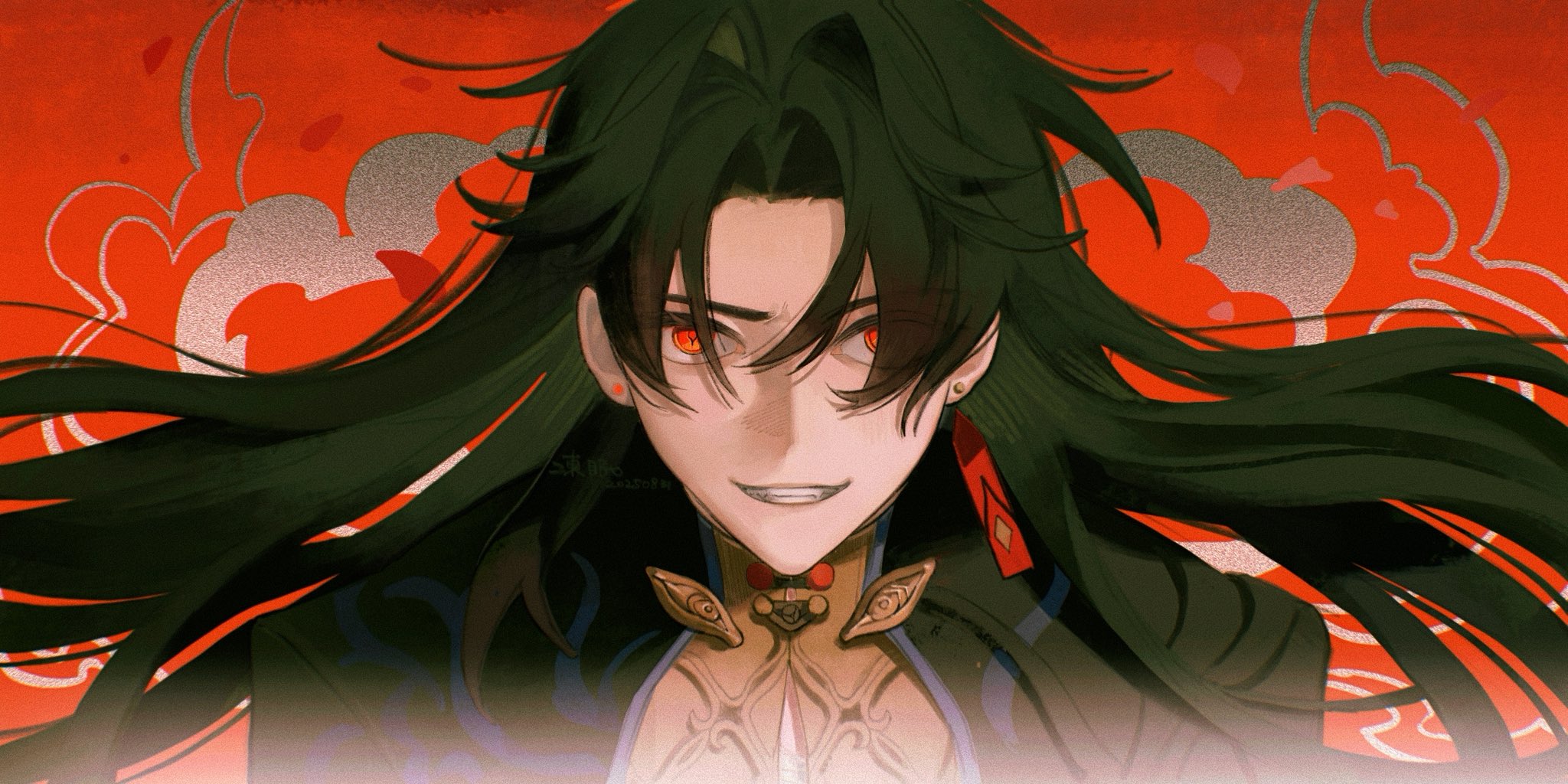 blade (honkai: star rail), honkai: star rail, honkai (series), chinese commentary, commentary request, highres, 1boy, black shirt, curtained hair, earrings, floating hair, freezesleep, green hair, grin, hair over one eye, jewelry, long hair, looking at viewer, male focus, mismatched earrings, piercing, red background, red eyes, sanpaku, shirt, smile, solo, straight-on, teeth, upper body, very long hair