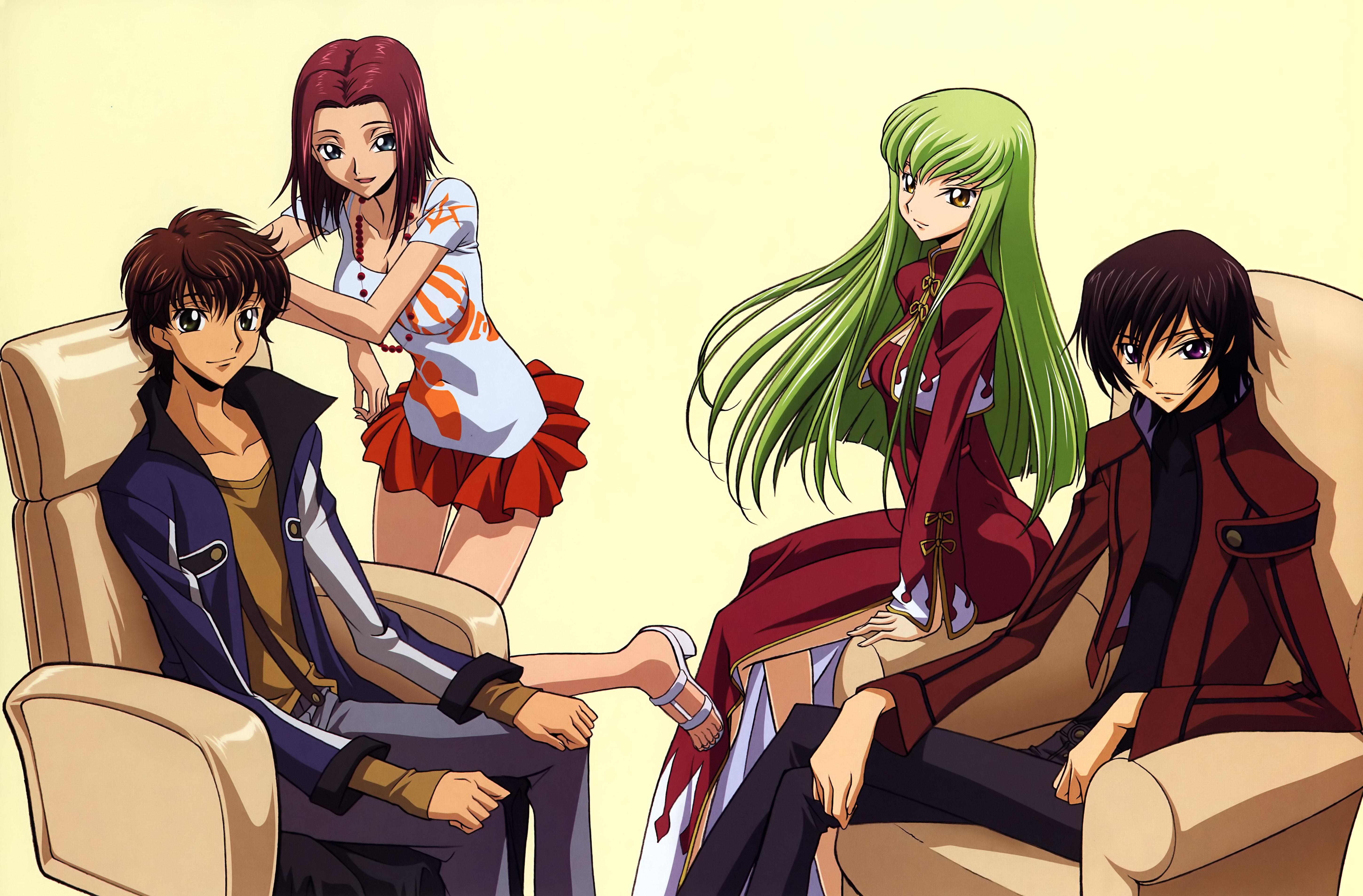 sakamoto shuuji, c.c., kouzuki kallen, kururugi suzaku, lelouch vi britannia, code geass, absurdres, highres, official art, 00s, 2boys, 2girls, black hair, blue eyes, brown hair, casual, green eyes, green hair, jewelry, long hair, multiple boys, multiple girls, necklace, purple eyes, skirt, yellow eyes