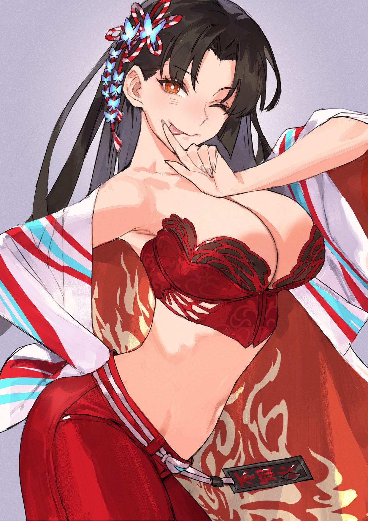 shiranui mai, street fighter, street fighter 6, commentary, english commentary, highres, 1girl, bare shoulders, black hair, breasts, brown eyes, bustier, center opening, chilicayenne2d, cleavage, grey background, hair down, large breasts, long hair, looking at viewer, midriff, official alternate costume, official alternate hairstyle, one eye closed, pants, red bustier, red pants, simple background, smile, solo, tongue, tongue out