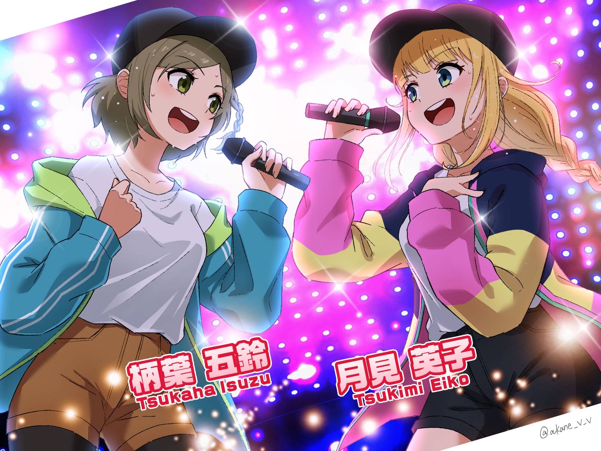 akane (akaneoekaki0928), tsukimi eiko, original, paripi koumei, commentary request, commission, highres, skeb commission, 2girls, baseball cap, black hat, black pantyhose, black shorts, blonde hair, blue jacket, braid, brown shorts, collarbone, cowboy shot, green eyes, grey hair, hat, holding, holding microphone, hood, hooded jacket, jacket, long sleeves, microphone, multicolored jacket, multiple girls, open clothes, open jacket, pantyhose, pantyhose under shorts, pink jacket, shirt, short shorts, shorts, side braid, t-shirt, tsukaha isuzu, white shirt, yellow jacket