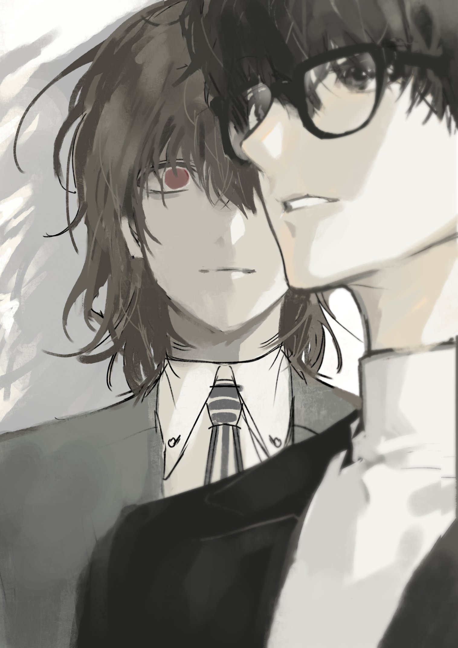 akechi gorou, amamiya ren, persona, persona 5, highres, korean commentary, 2boys, black-framed eyewear, black eyes, black hair, black jacket, closed mouth, collared shirt, glasses, hair between eyes, jacket, justoootaku, male focus, multiple boys, necktie, parted lips, red eyes, school uniform, shirt, short hair, shuujin academy school uniform, simple background, striped necktie, turtleneck, upper body, white shirt