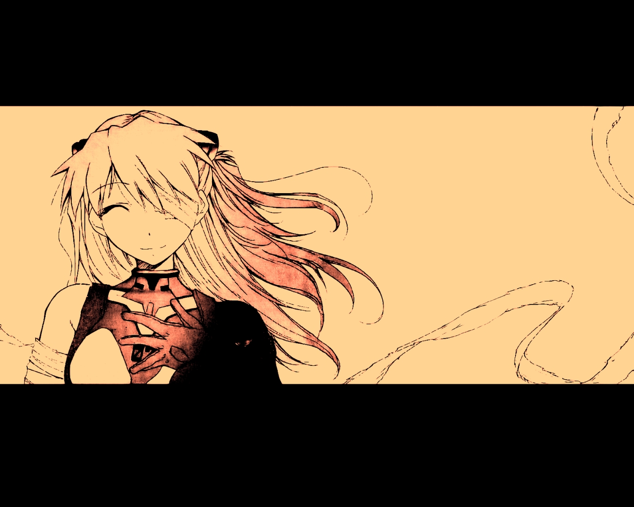 kimigabuchi, souryuu asuka langley, neon genesis evangelion, re-take doujinshi, 1girl, bandages, blonde hair, blue eyes, closed eyes, eyepatch, female focus, mecha pilot suit, monochrome, one eye closed, orange theme, plugsuit (evangelion), solo, wink