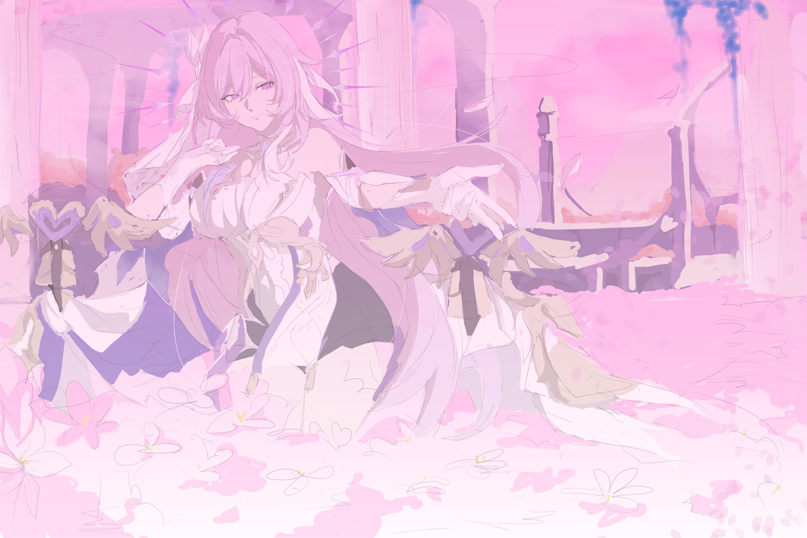 baise de, elysia (herrscher of human: ego) (honkai impact), elysia (honkai impact), honkai (series), honkai impact 3rd, chinese commentary, commentary request, highres, 1girl, bare shoulders, bell, black shorts, breasts, corset, diamond-shaped pupils, diamond (shape), gloves, large breasts, long hair, multicolored hair, outdoors, pink hair, pink sky, purple eyes, short shorts, shorts, sky, solo, stone pillar, symbol-shaped pupils, two-tone hair, veil, very long hair, white corset, white gloves, white hair, white veil