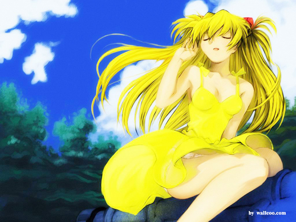 kobayashi yuji, souryuu asuka langley, neon genesis evangelion, 1girl, blonde hair, blue eyes, dress, female focus, panties, solo, underwear, watermark, yellow dress