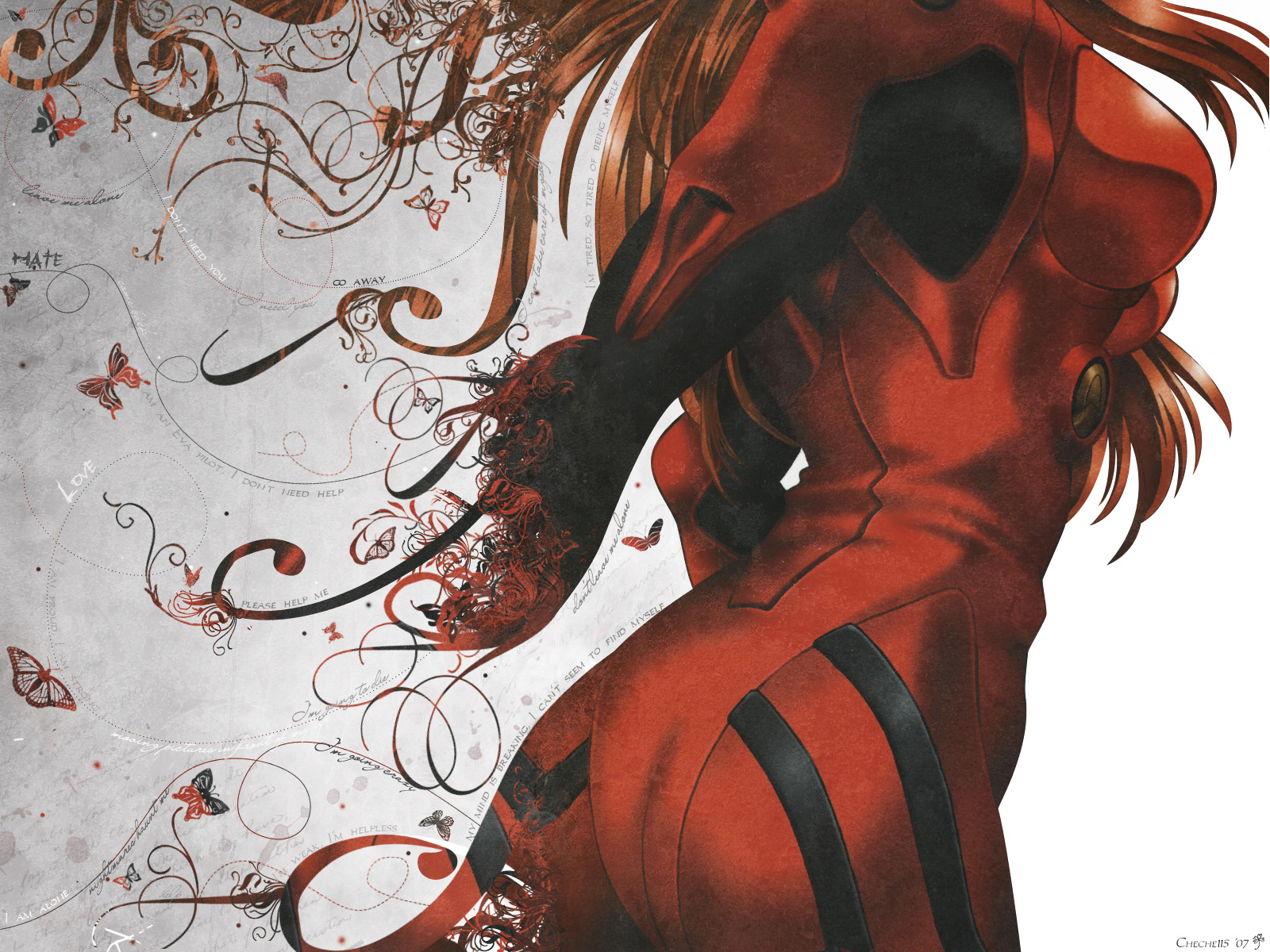manabe jouji, souryuu asuka langley, neon genesis evangelion, highres, 1girl, ass, blonde hair, breasts, bug, butterfly, cowboy shot, dated, dissolving, english text, female focus, from side, gradient background, grey background, insect, mecha pilot suit, plugsuit (evangelion), red hair, solo, standing, text focus, white background