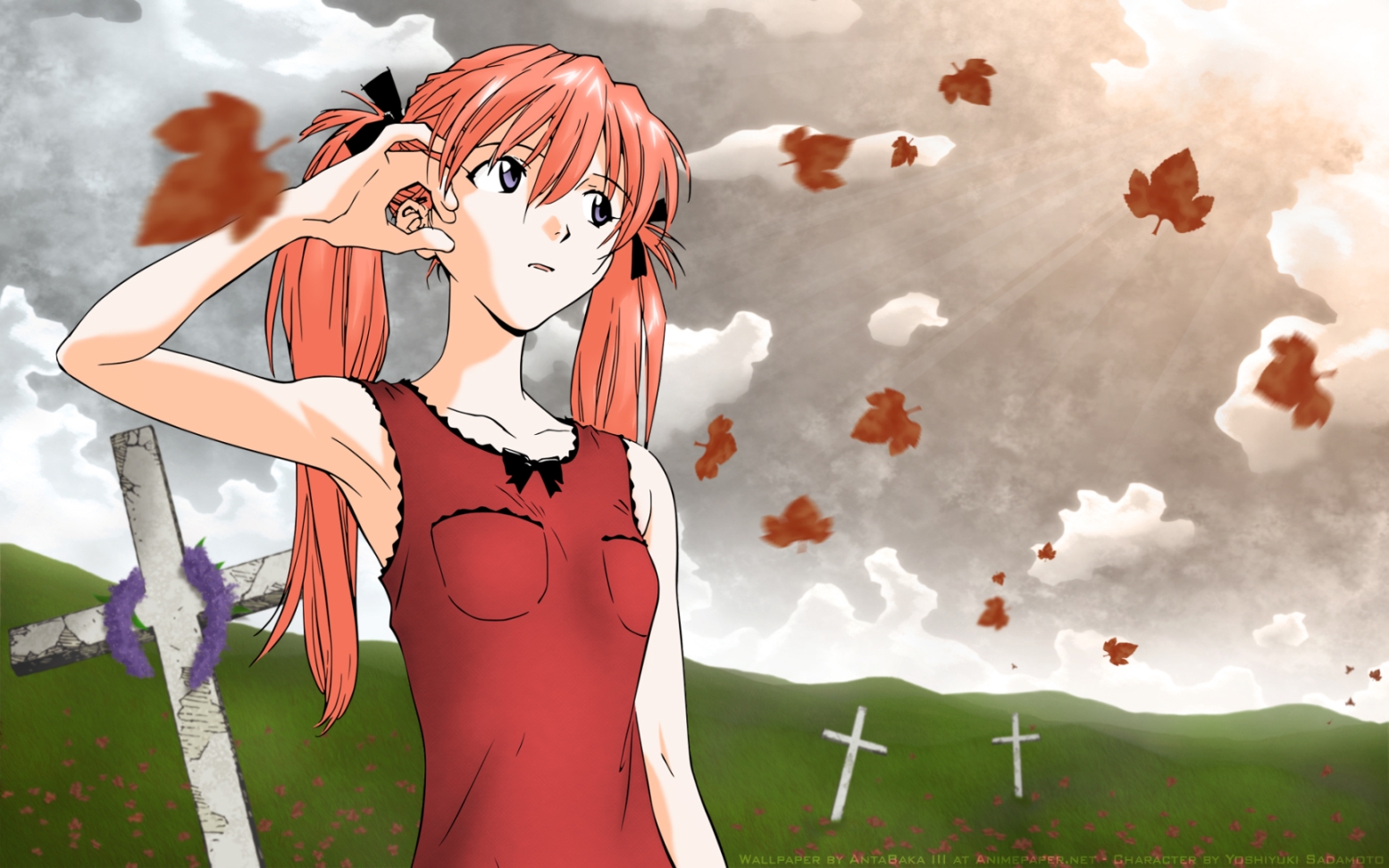 sadamoto yoshiyuki, souryuu asuka langley, neon genesis evangelion, adjusting hair, armpits, blonde hair, blue eyes, blurry, bow, cloud, collarbone, cross, day, depth of field, dress, field, from below, grass, graveyard, hair ribbon, latin cross, leaf, light rays, pink hair, pocket, purple eyes, red dress, red hair, ribbon, sky, solo, sunbeam, sundress, sunlight, tucking hair, twintails, wreath