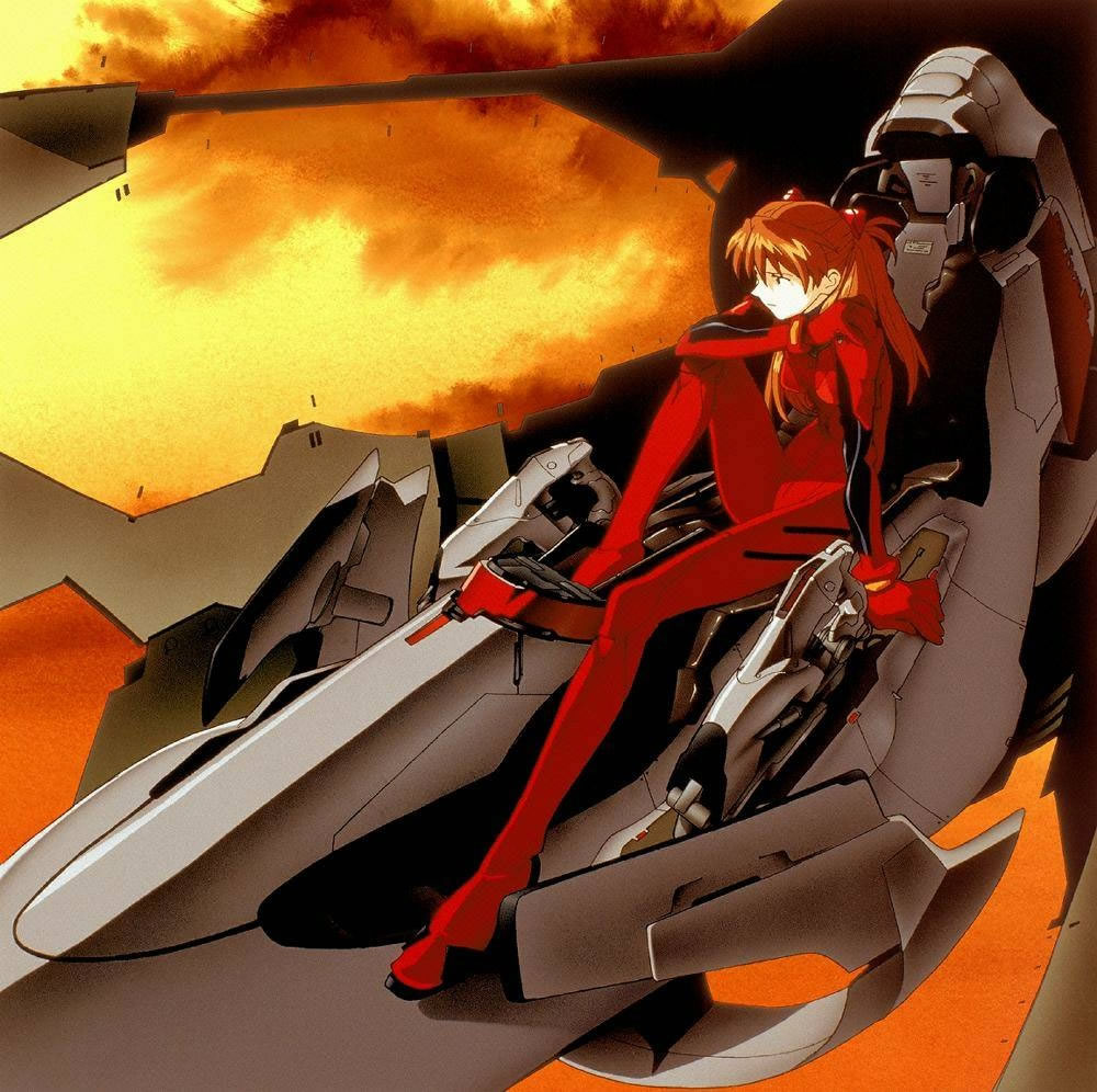 honda takeshi, souryuu asuka langley, neon genesis evangelion, duplicate, 1girl, blue eyes, bodysuit, bracer, brown hair, cockpit, entry plug, female focus, from side, full body, hair between eyes, mecha pilot suit, orange hair, plugsuit (evangelion), red bodysuit, red hair, sitting, solo, two side up