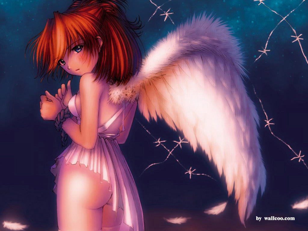 kobayashi yuji, souryuu asuka langley, neon genesis evangelion, 1girl, angel, angel wings, ass, bdsm, blonde hair, blue eyes, bondage, bound, bound wrists, breasts, feathers, female focus, looking back, red hair, rope, small breasts, solo, wings