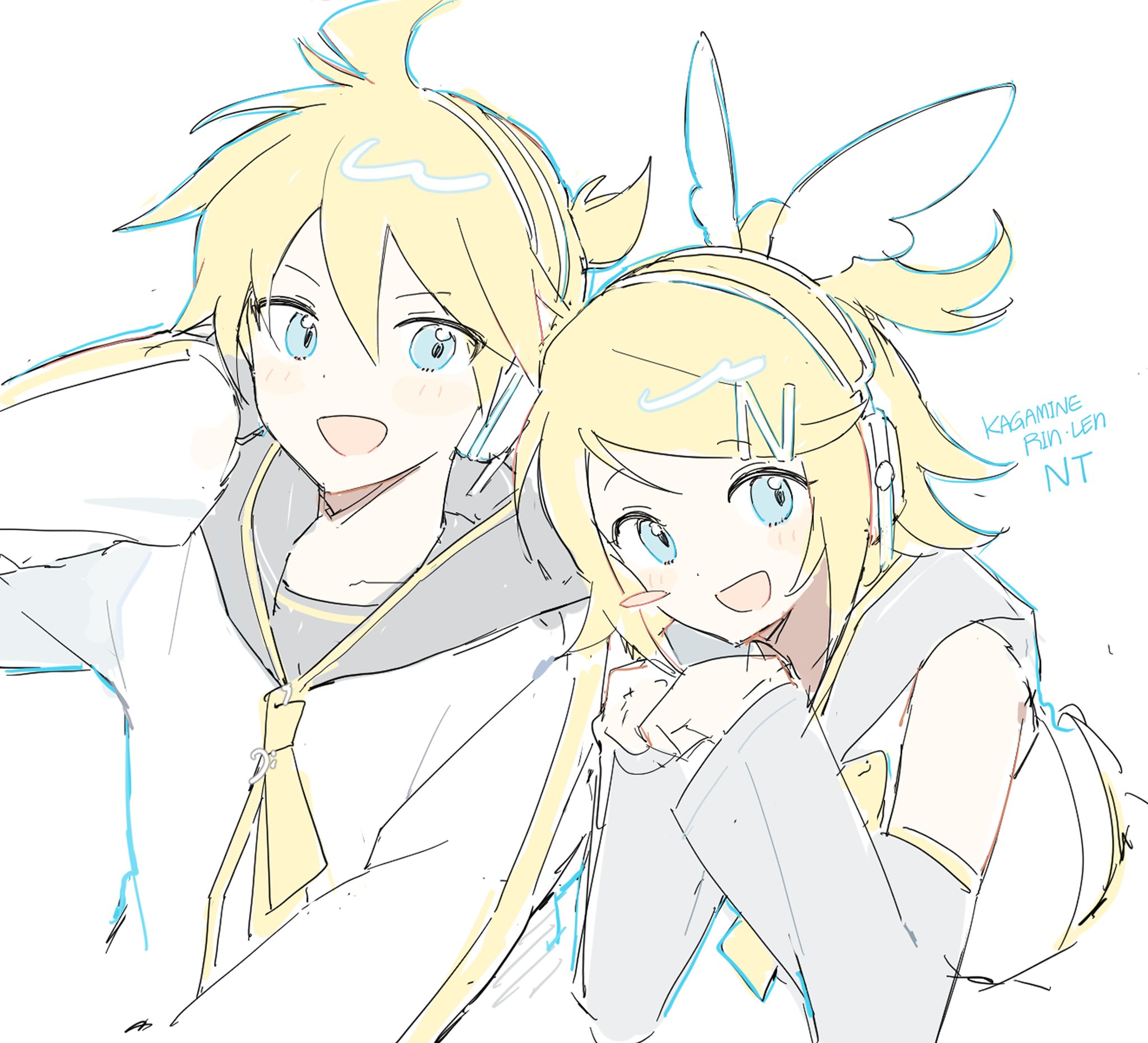 kagamine len, kagamine rin, piapro studio, vocaloid, highres, 1girl, 2o oxo, bare shoulders, black sailor collar, blonde hair, blue eyes, blush stickers, bow, detached sleeves, grey sailor collar, grey sleeves, hair bow, hair ornament, hairclip, head rest, headphones, kagamine len (nt), kagamine rin (nt), looking at viewer, neckerchief, necktie, open mouth, own hands together, ponytail, sailor collar, shirt, short hair, short ponytail, siblings, sketch, sleeveless, sleeveless shirt, spiked hair, swept bangs, upper body, white background, white bow, white shirt, wing hair ornament, wings, yellow neckerchief, yellow necktie