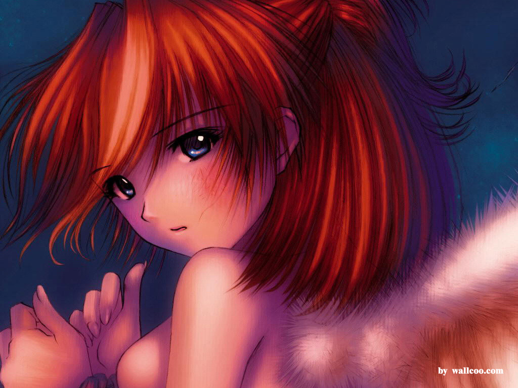 kobayashi yuji, souryuu asuka langley, neon genesis evangelion, 1girl, angel, angel wings, blonde hair, blue eyes, breasts, dress, female focus, red hair, sideboob, small breasts, solo, wings