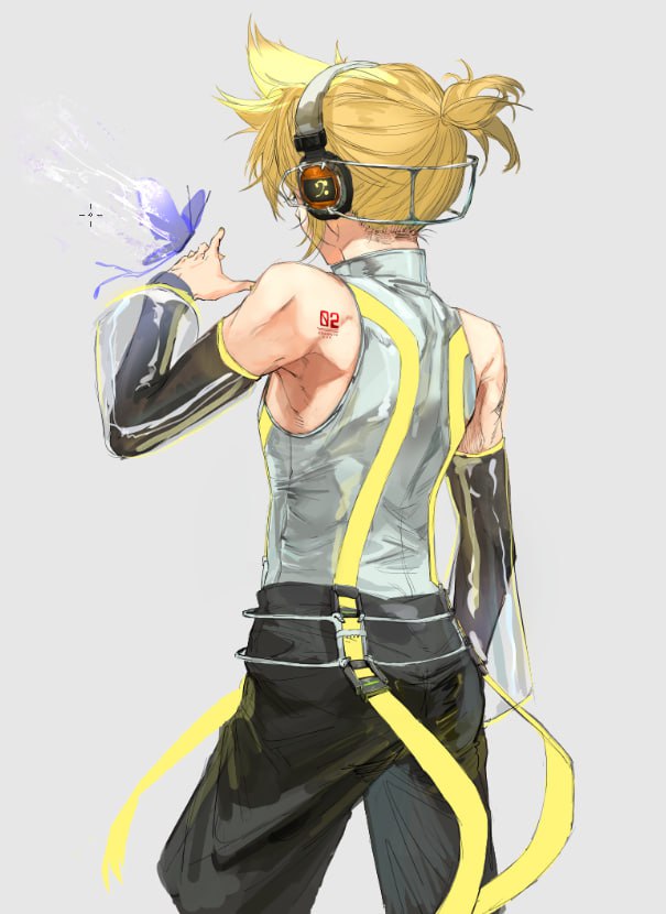 kagamine len, kagamine len (append), vocaloid, vocaloid append, 1boy, bare shoulders, belt, black shorts, black sleeves, blonde hair, blue butterfly, bug, butterfly, butterfly on hand, cowboy shot, detached sleeves, facing away, from behind, grey background, hand up, headphones, insect, male focus, pants, ponytail, purple butterfly, rminari74, see-through clothes, see-through sleeves, shirt, short hair, short ponytail, shorts, shoulder tattoo, simple background, sleeveless, sleeveless shirt, solo, spiked hair, standing, tattoo, white shirt