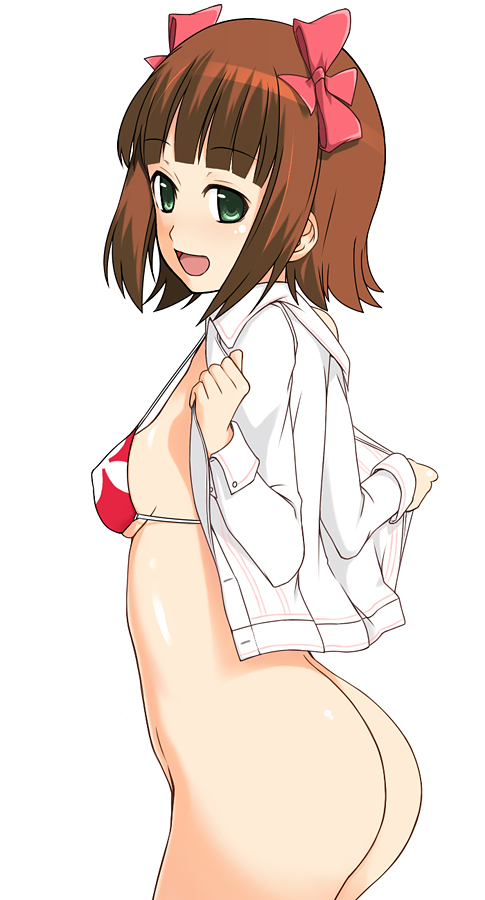 kazuto san, amami haruka, idolmaster, idolmaster (classic), idolmaster 1, bad id, bad pixiv id, 00s, ass, bikini, bottomless, brown hair, green eyes, red bikini, ribbon, short hair, swimsuit, undressing