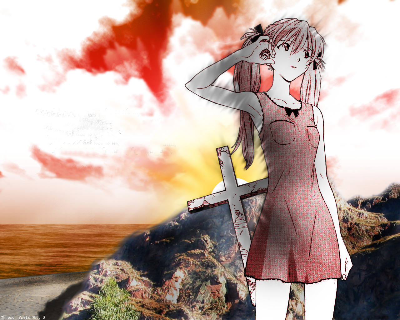 sadamoto yoshiyuki, souryuu asuka langley, neon genesis evangelion, third-party edit, 1girl, beach, blue eyes, cloud, female focus, red hair, solo