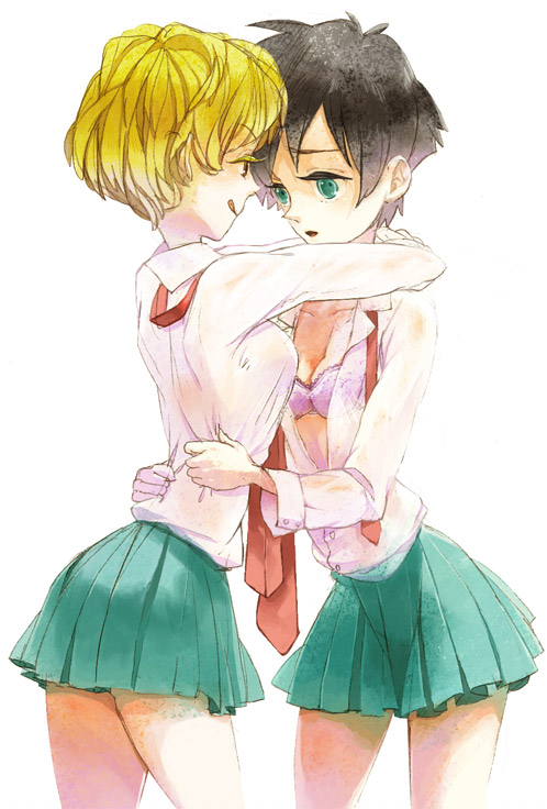 mu (haminimo), erasa (dragon ball), videl, dragon ball, dragonball z, bad id, bad pixiv id, 2girls, black hair, blonde hair, bra, hug, lingerie, multiple girls, open clothes, open shirt, school uniform, serafuku, shirt, underwear, yuri