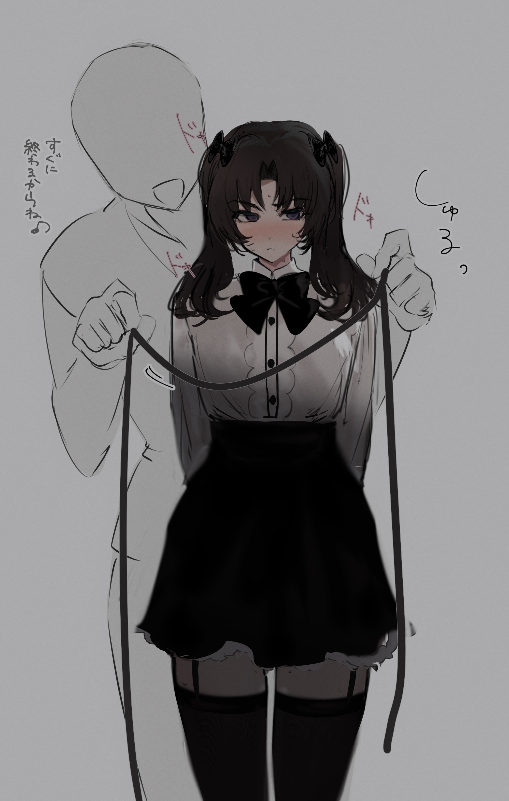 imamiya pinoko, original, absurdres, highres, translated, 2boys, arms behind back, ayase ayato (imamiya pinoko), black hair, blush, crossdressing, crossdressing (mtf), faceless, faceless male, garter straps, holding, holding rope, long hair, multiple boys, purple eyes, rope, simple background, thighhighs, trap, twintails