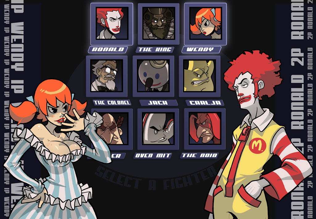 douglas harvey, colonel sanders, jack box, little caesar, ronald mcdonald, the king, the noid, wendy (wendy's), arby's, burger king, carl's jr., domino's pizza, jack in the box, kfc, little caesars, mcdonald's, wendy's, 1girl, 6+boys, afro, bald, bare shoulders, body freckles, breasts, character select, cleavage, dress, fake screenshot, fighting game, freckles, glasses, hand on own hip, large breasts, lipstick, makeup, multiple boys, orange hair, parody, red hair, red lips, short hair, twintails, white hair