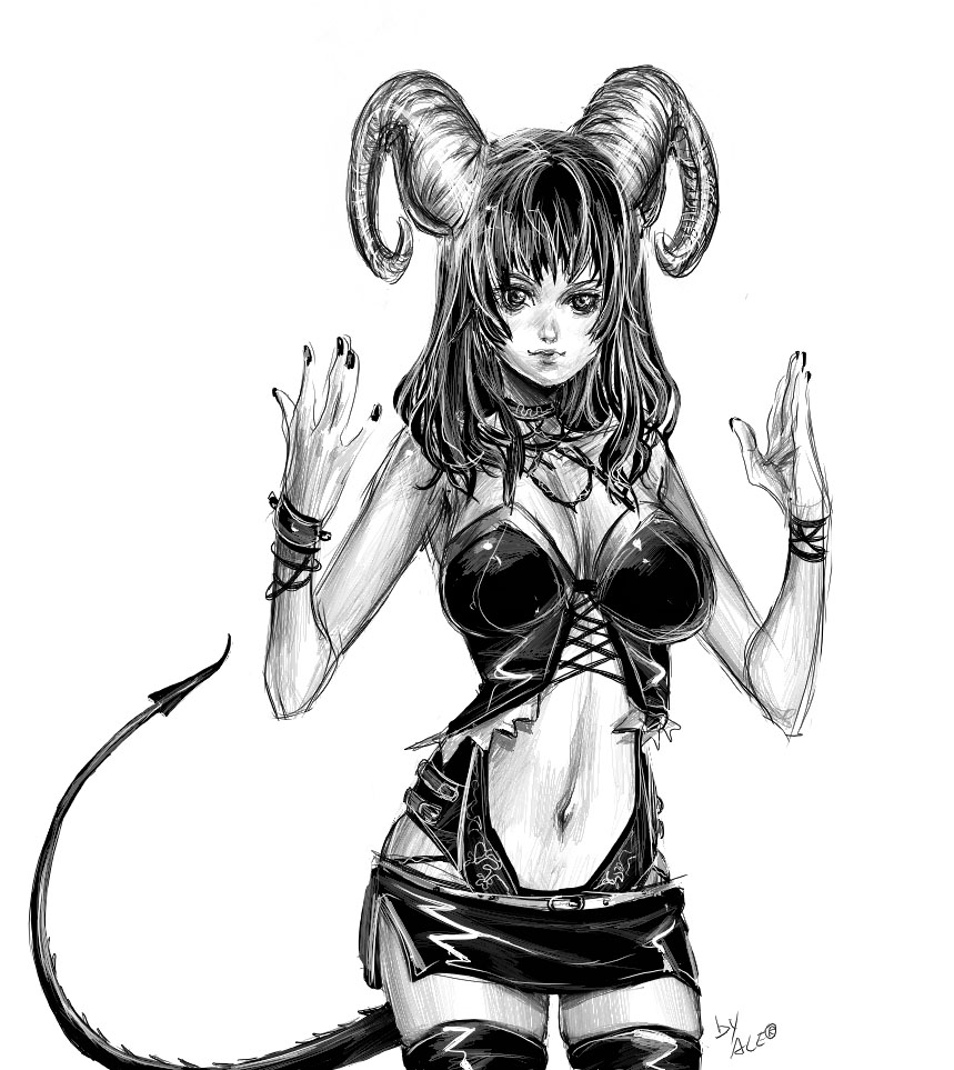 ale, original, 1girl, demon tail, female focus, greyscale, horns, monochrome, nail polish, solo, tail, thighhighs, zettai ryouiki