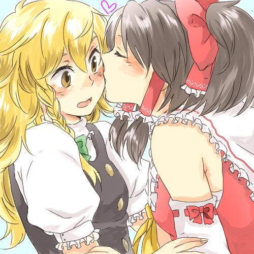 nugaa, hakurei reimu, kirisame marisa, touhou, lowres, 2girls, blush, braid, female focus, heart, kiss, kissing cheek, multiple girls, side braid, single braid, surprised, wavy hair, yuri