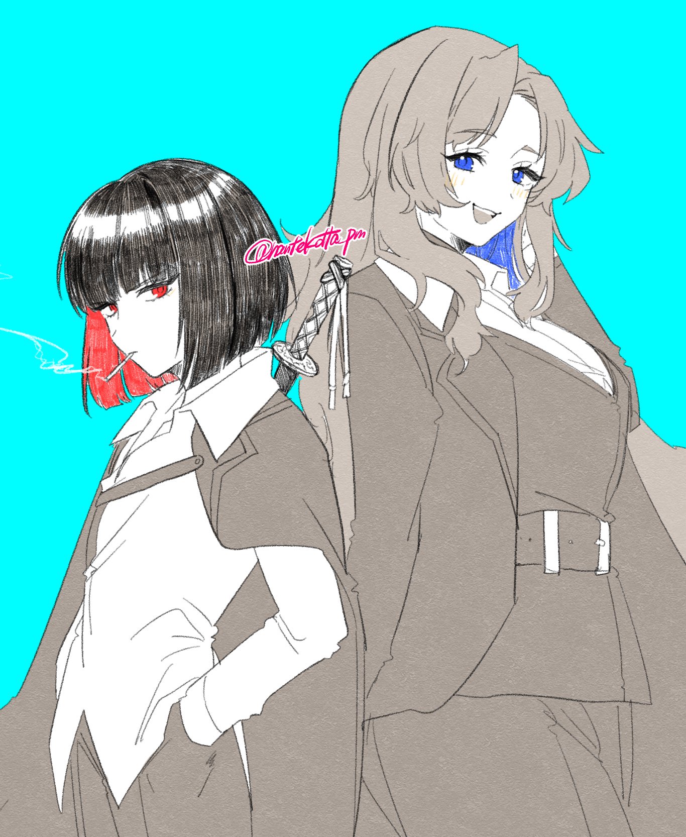 nantekottawo!!, rodion (project moon), ryoshu (project moon), limbus company, project moon, highres, 2girls, aqua background, black hair, black pants, black vest, blue eyes, blue hair, bob cut, breasts, brown hair, coat, coat on shoulders, collared shirt, colored inner hair, cowboy shot, hair intakes, large breasts, long hair, long sleeves, looking at viewer, multicolored hair, multiple girls, open mouth, pants, red eyes, red hair, shirt, short hair, sidelocks, simple background, smile, twitter username, very long hair, vest, white shirt