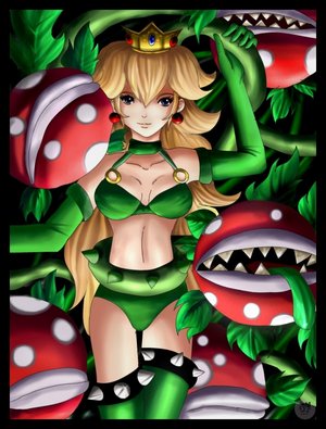 piranha plant, princess peach, mario (series), nintendo, super mario bros. 1, lowres, 1girl, bikini, blonde hair, breasts, crown, earrings, elbow gloves, female focus, gloves, green thighhighs, jewelry, long hair, plant, smile, solo, swimsuit, thighhighs