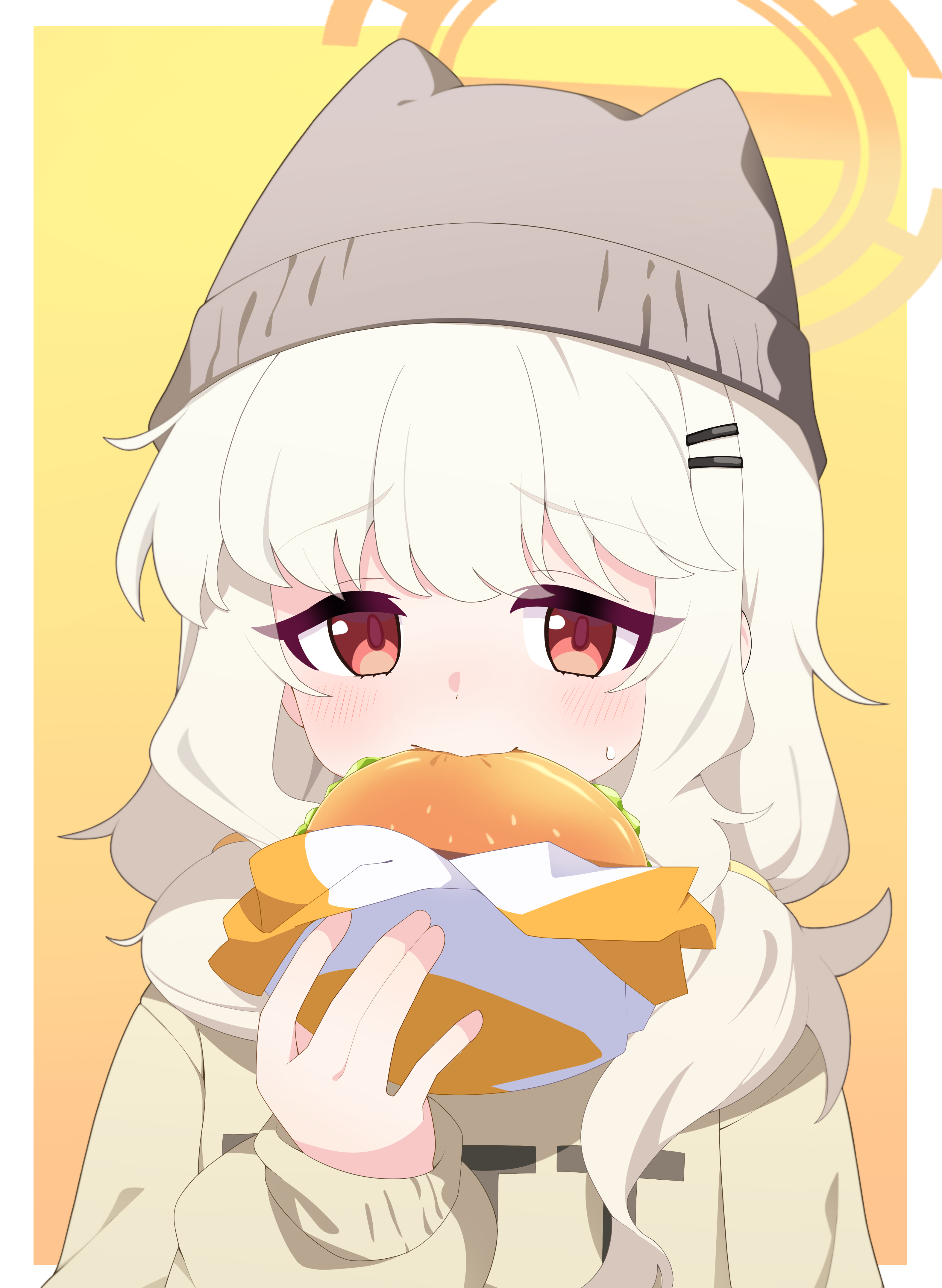 sprout (haji s), aoba (blue archive), blue archive, absurdres, commentary request, highres, 1girl, animal hat, beanie, blush, border, brown hoodie, burger, eating, food, grey hat, hair over shoulder, halo, hat, holding, holding food, hood, hood down, hoodie, long hair, long sleeves, low twintails, puffy long sleeves, puffy sleeves, red eyes, sleeves past wrists, small sweatdrop, solo, sweat, twintails, upper body, white border, white hair, yellow background