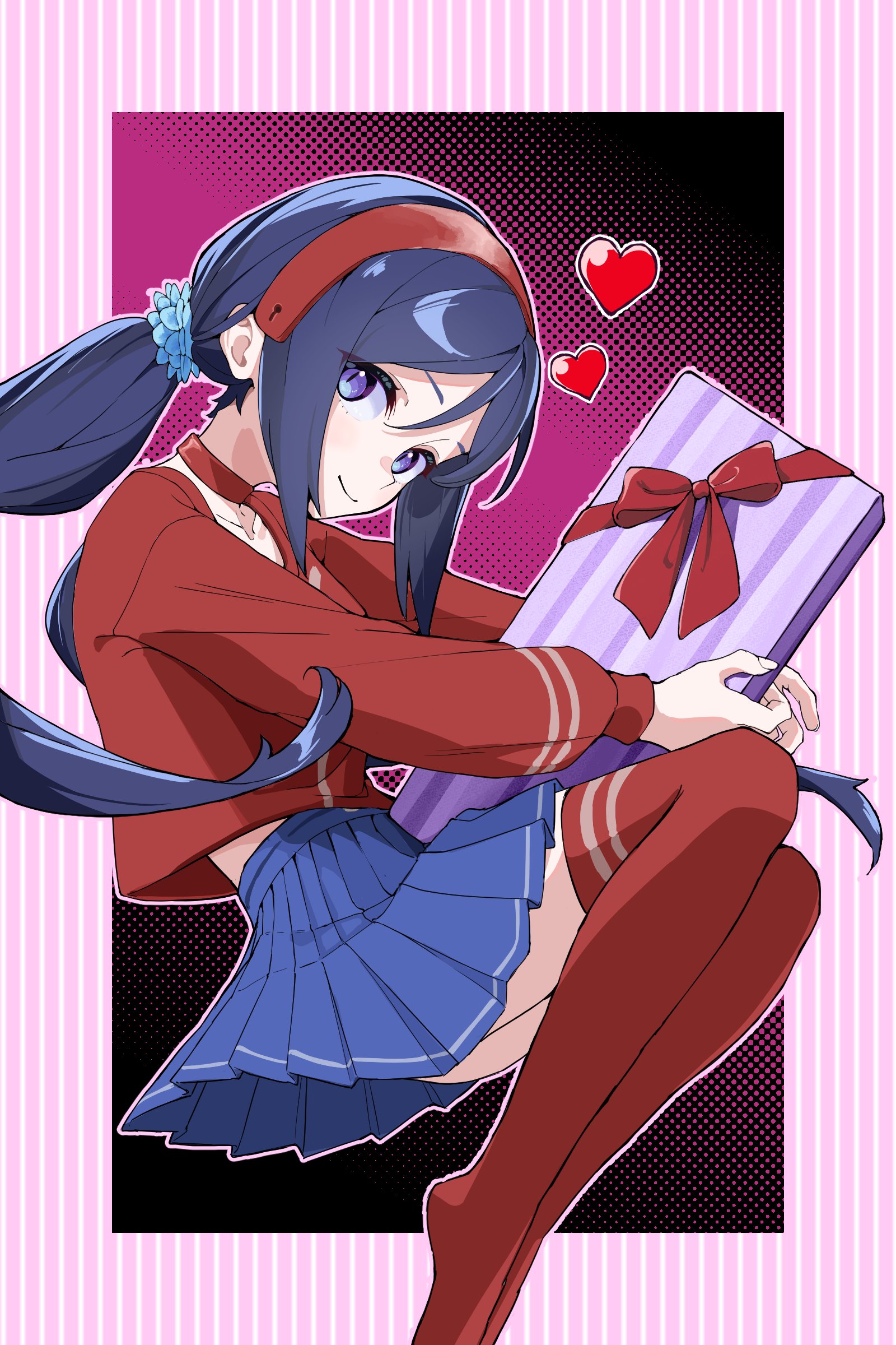 crazy mita (miside), mita (miside), miside, absurdres, commentary, highres, 1girl, blue eyes, blue hair, blue skirt, box, choker, flower hairtie, full body, gift, gift box, hairband, heart, holding, holding gift, long hair, long sleeves, looking at viewer, miniskirt, no shoes, peanut star butter, pleated skirt, red choker, red hairband, red sweater, red thighhighs, skirt, slit pupils, smile, solo, sweater, thighhighs, twintails, very long hair