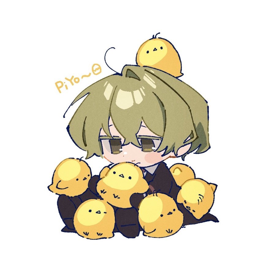 nantekottawo!!, sinclair (project moon), limbus company, project moon, 1boy, ahoge, baby animal, bird, black coat, black gloves, black pants, black shoes, blonde hair, chick, closed mouth, coat, collared shirt, gloves, pants, shirt, shoes, sitting, smile, solo, white shirt, yellow eyes