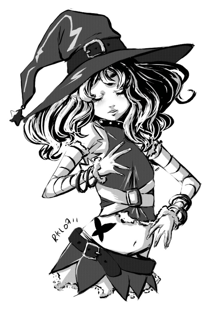 ale (ale halexxx), original, 1girl, bandages, belt, bracelet, closed eyes, crop top, female focus, greyscale, hat, jewelry, long hair, midriff, miniskirt, monochrome, navel, parted lips, shirt, simple background, skirt, sleeveless, solo, star (symbol), tattoo, white background, witch hat