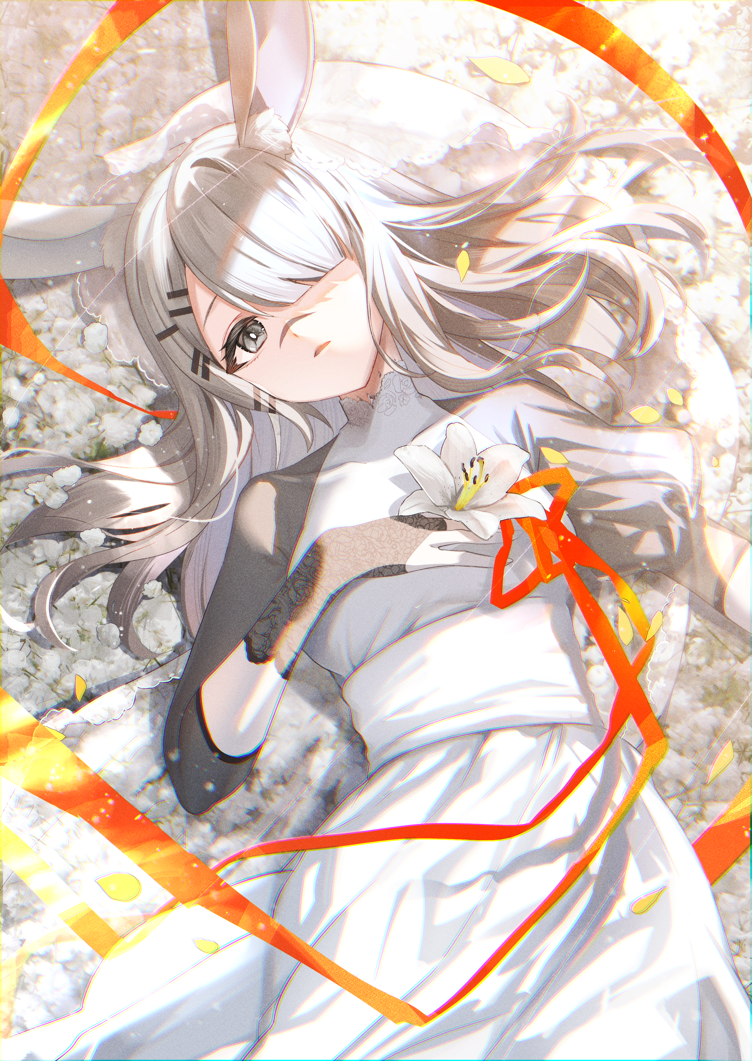 sallyzaemon, frostnova (arknights), arknights, absurdres, commentary request, highres, partial commentary, revision, 1girl, animal ears, black gloves, cowboy shot, dress, dutch angle, fingerless gloves, flower, gloves, grey eyes, grey hair, hair ornament, hair over one eye, hairclip, holding, holding flower, light particles, looking at viewer, lying, on back, one eye covered, rabbit ears, rabbit girl, red ribbon, ribbon, sash, scar, scar on face, scar on nose, signature, solo, white dress, white sash, yellow flower