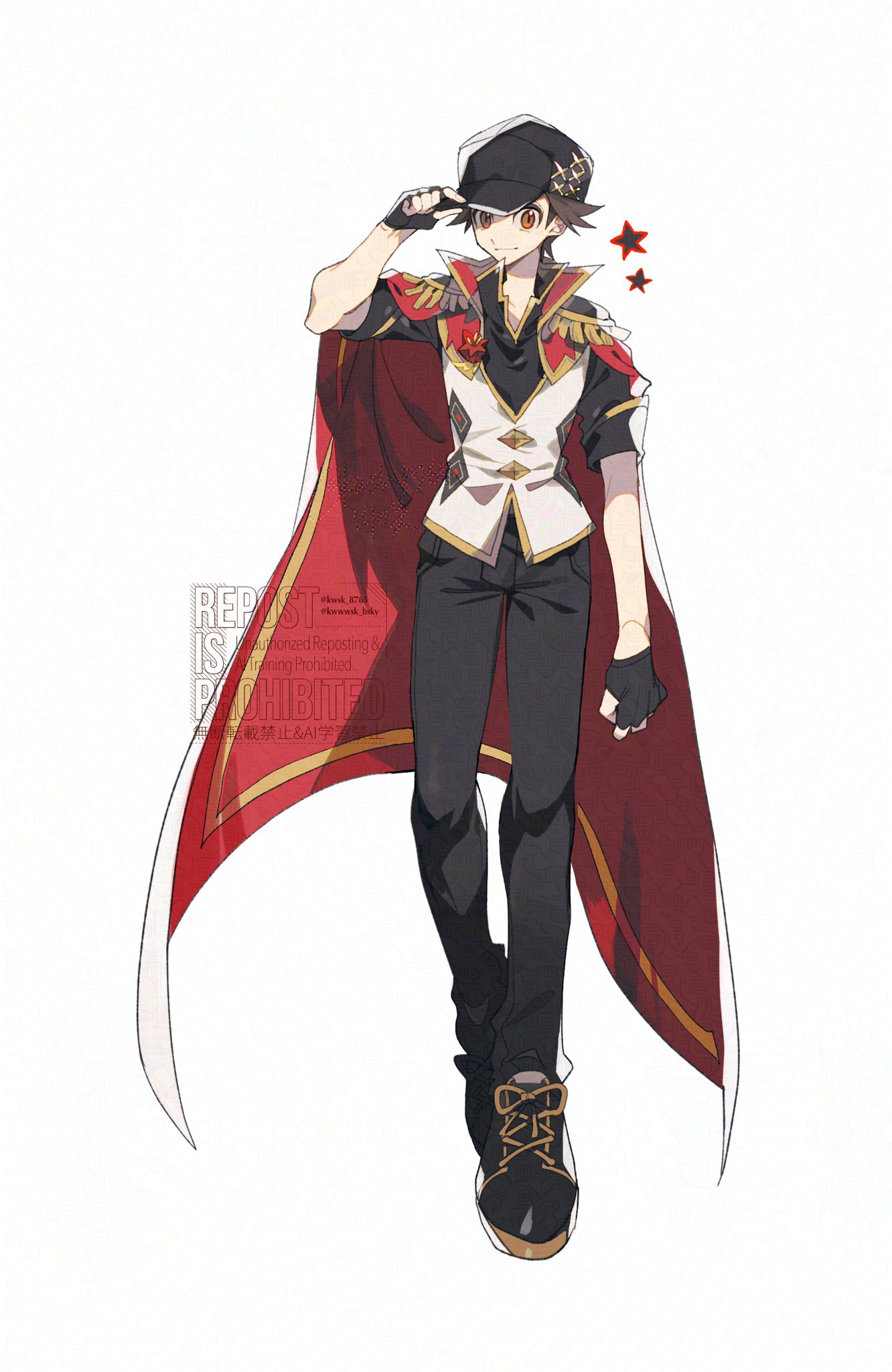 kawasaki (kwsk 8765), red (anniversary 2025) (pokemon), red (pokemon), nintendo, pokemon, pokemon masters ex, highres, 1boy, black gloves, black hat, black pants, black shirt, brown eyes, brown hair, cape, closed mouth, epaulettes, fingerless gloves, gloves, hat, male focus, official alternate costume, pants, popped collar, red cape, shirt, short hair, simple background, smile, solo, star (symbol), vest, white background, white vest