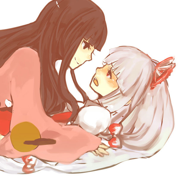 chiri (o9o9), fujiwara no mokou, houraisan kaguya, touhou, bad id, bad pixiv id, 2girls, black hair, female focus, multiple girls, white hair