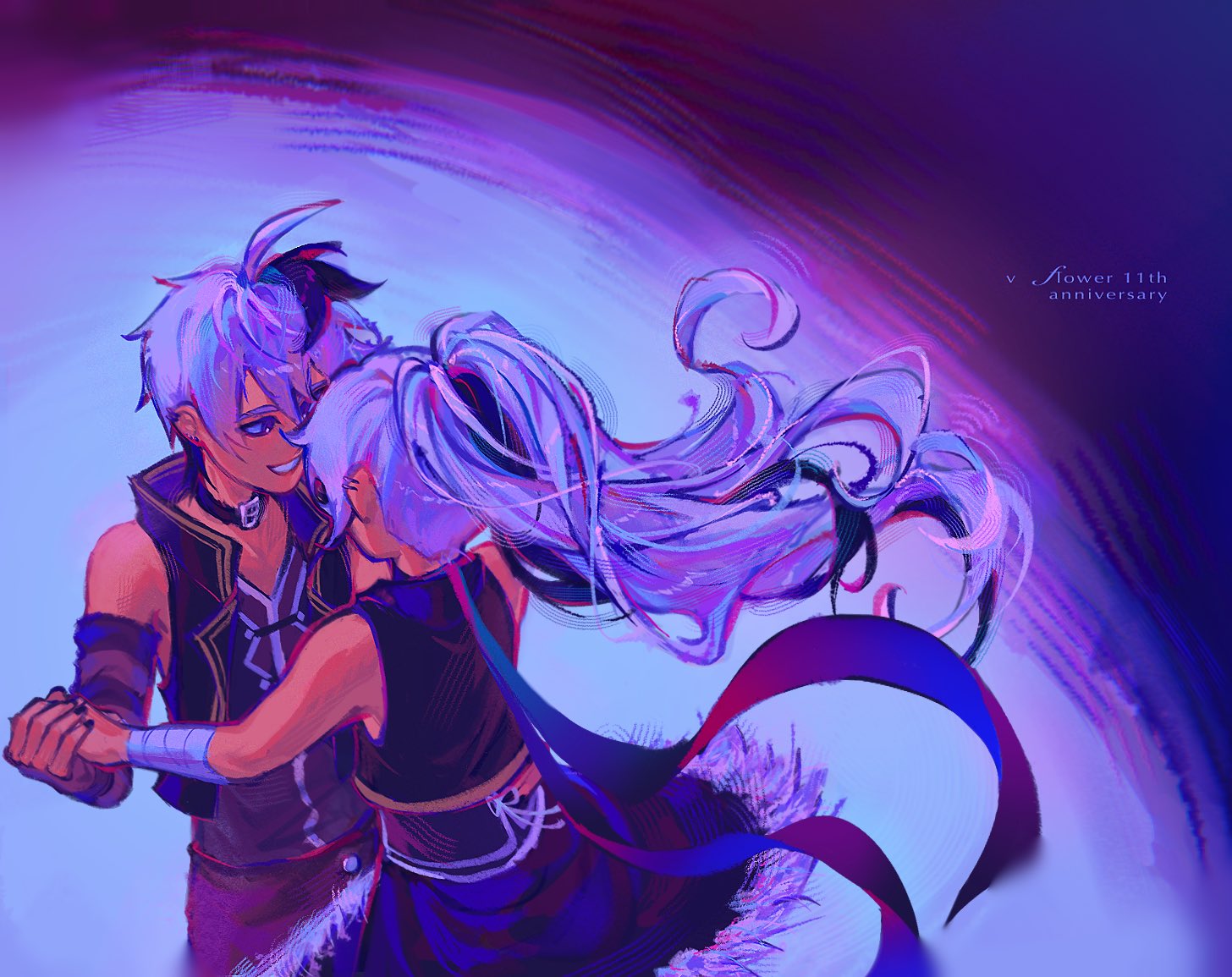 flower (vocaloid), flower (vocaloid3), flower (vocaloid4), vocaloid, commentary, english commentary, 2girls, ahoge, androgynous, anniversary, arm warmers, bandaged wrist, bandages, bare shoulders, black hair, collar, collared dress, dress, dual persona, ear piercing, english text, floweringlark, jacket, long hair, looking at another, multicolored hair, multiple girls, open mouth, piercing, ponytail, purple arm warmers, purple eyes, purple shirt, shirt, short hair, skirt, sleeveless, sleeveless jacket, smile, streaked hair, striped arm warmers, two-tone hair, waltz (dance), white hair
