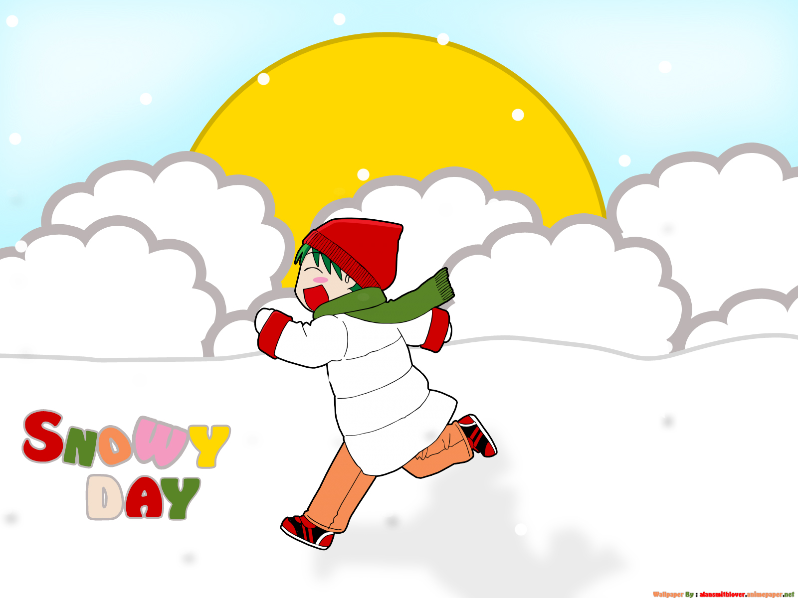 koiwai yotsuba, yotsubato!, highres, tagme, child, green hair, scarf, snow