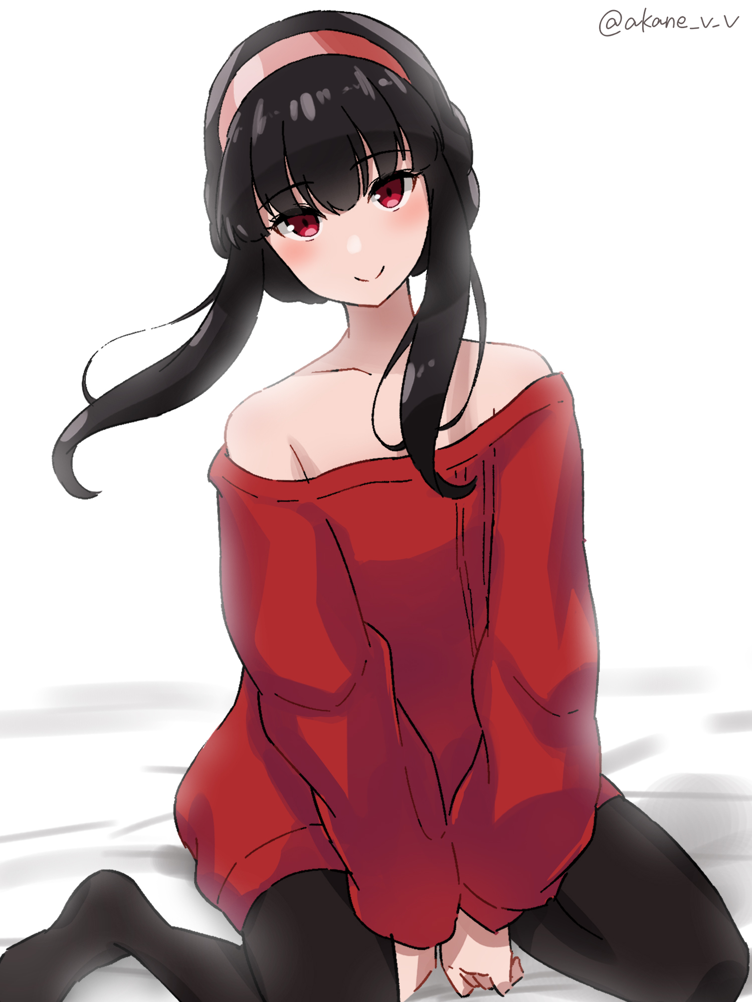 akane (akaneoekaki0928), yor briar, spy x family, commentary, highres, 1girl, armpit crease, bare shoulders, black hair, black pantyhose, closed mouth, collarbone, dress, hairband, long sidelocks, long sleeves, looking at viewer, no shoes, off-shoulder dress, off-shoulder sweater, off shoulder, pantyhose, pink hairband, red dress, red eyes, red sweater, short dress, short hair with long locks, sidelocks, simple background, sitting, smile, solo, split mouth, sweater, yokozuwari