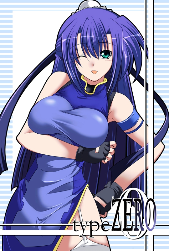 hagane soushi, ginga nakajima, lyrical nanoha, mahou shoujo lyrical nanoha, mahou shoujo lyrical nanoha strikers, breast hold, 00s, 1girl, bare shoulders, breasts, bun cover, china dress, chinese clothes, dress, female focus, fingerless gloves, garter straps, gloves, green eyes, hair bun, hair ribbon, large breasts, long hair, one eye closed, purple hair, ribbon, side slit, single hair bun, solo, thighhighs, white thighhighs, wink