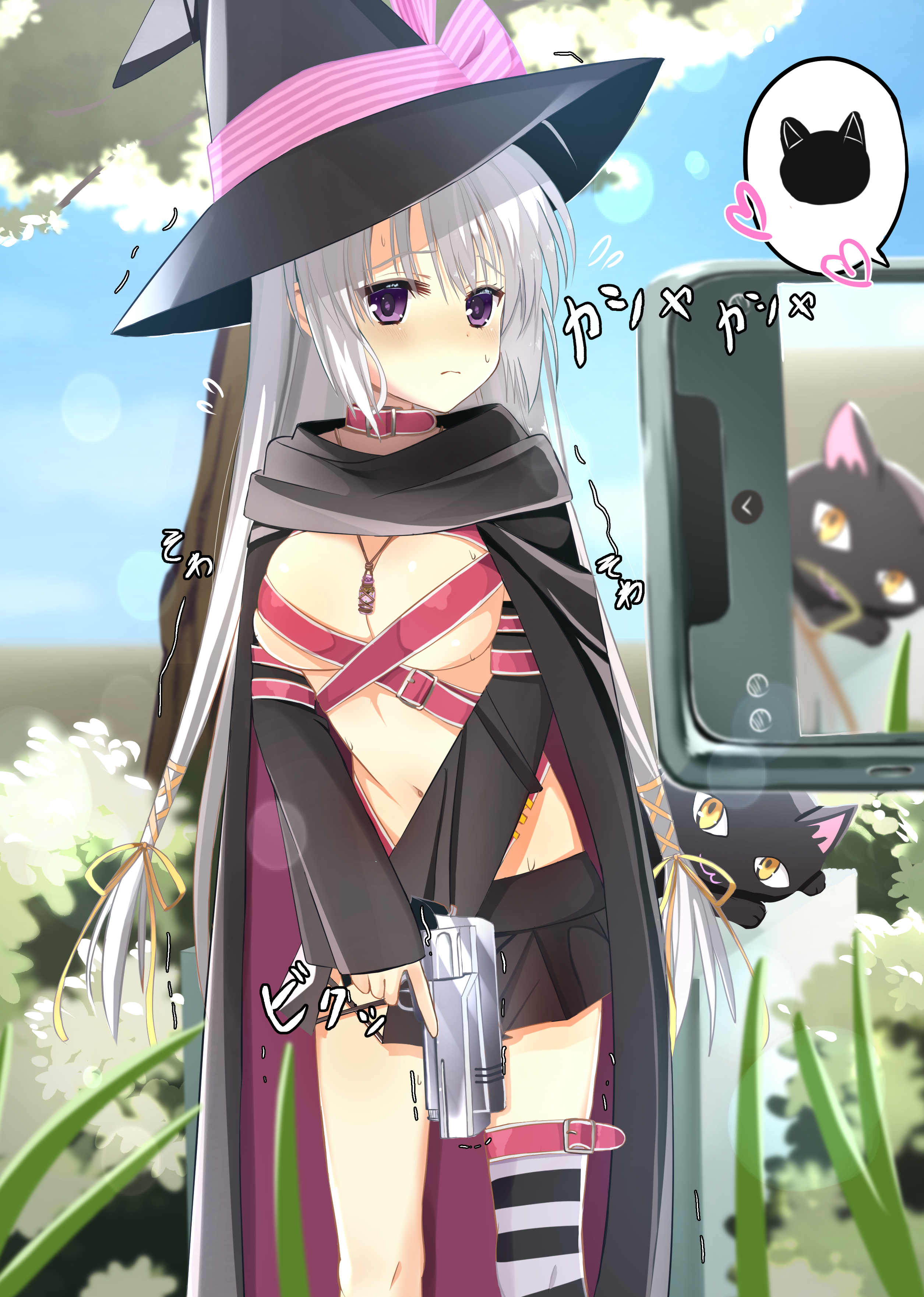 1089oden, ayachi nene, souma nanao, sanoba witch, absurdres, commentary request, highres, <o> <o>, 1girl, :3, belt, belt bra, belt collar, black cape, black cat, black hat, black skirt, blue sky, blurry, blurry background, blush, bow, breasts, cape, cat, cellphone, cleavage, closed mouth, collar, cowboy shot, day, detached sleeves, embarrassed, eyelashes, flying sweatdrops, frown, grey hair, gun, hair between eyes, hair ribbon, handgun, hat, hat bow, heart, holding, holding gun, holding weapon, jewelry, large breasts, long hair, long sleeves, looking at viewer, miniskirt, navel, necklace, nervous sweating, outdoors, phone, pink belt, pink bow, pleated skirt, pov, purple cape, purple eyes, ribbon, sidelocks, single thighhigh, skirt, sky, smartphone, smile, solo, sound effects, speech bubble, spoken animal, stomach, striped clothes, striped thighhighs, sweat, taking picture, thighhighs, tree, trembling, two-sided cape, two-sided fabric, v arms, very long hair, viewfinder, weapon, wide sleeves, witch, witch hat, yellow ribbon, zettai ryouiki
