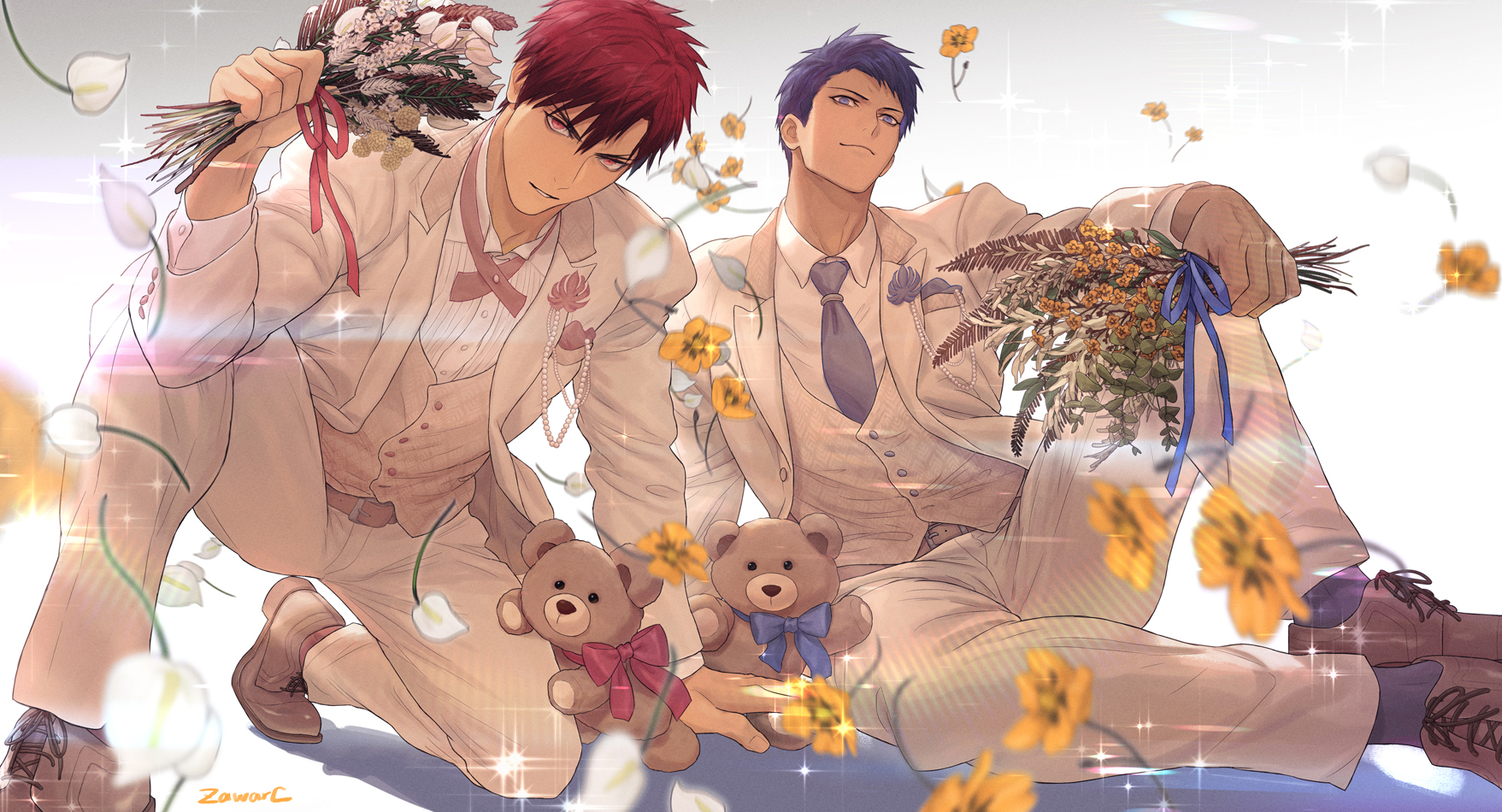zawar379, aomine daiki, kagami taiga, kuroko no basuke, commentary request, highres, 2boys, alternate costume, artist name, belt, blue hair, blue necktie, blue socks, bouquet, brown belt, brown shoes, feet out of frame, flower, formal clothes, full body, holding, holding bouquet, light smile, looking at viewer, male focus, multiple boys, necktie, on one knee, pants, red eyes, red hair, shoes, short hair, sitting, socks, suit, white pants, white suit