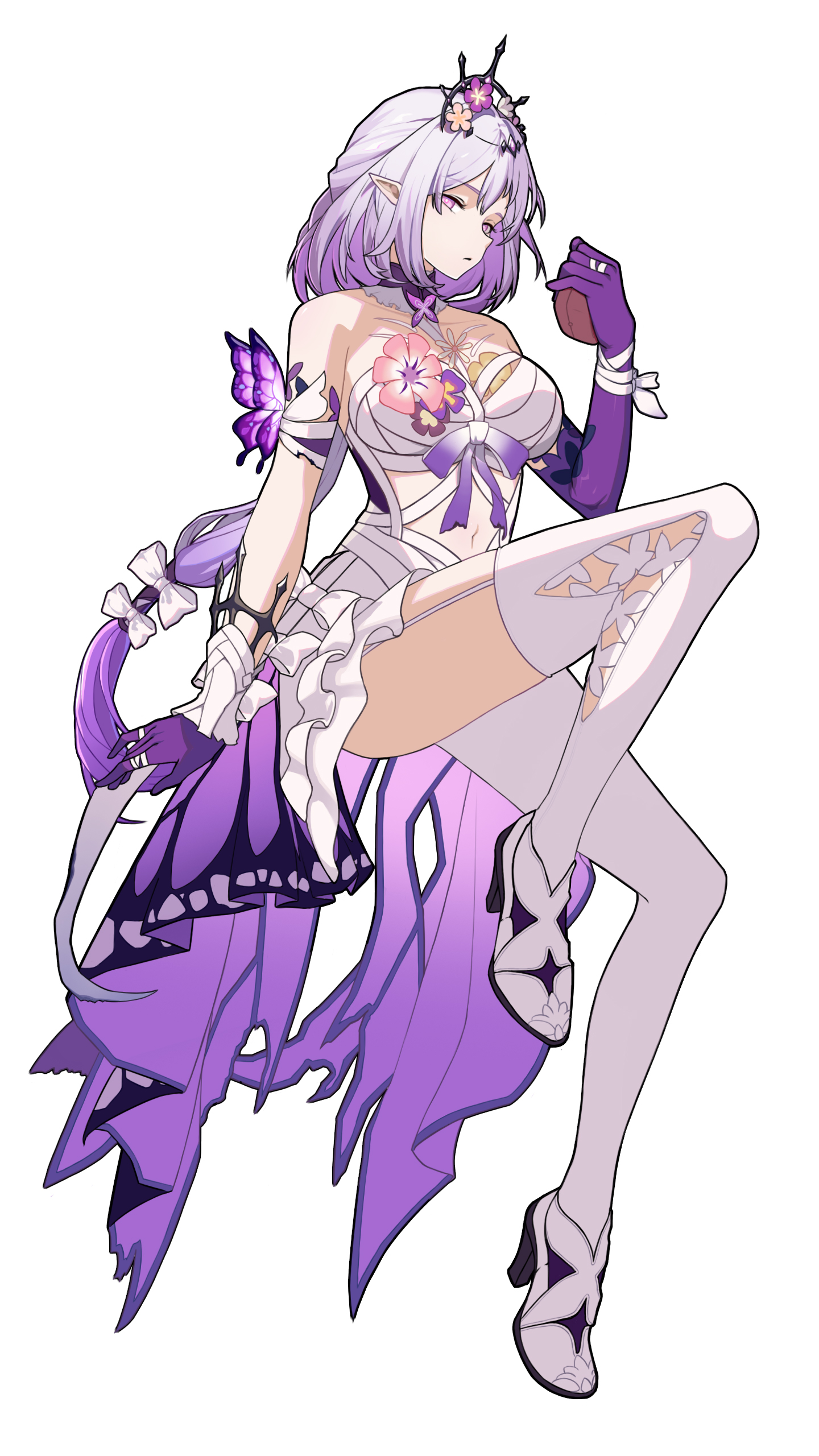 lazuline, castorice (honkai: star rail), honkai: star rail, honkai (series), absurdres, highres, 1girl, bare shoulders, black tiara, bow, breasts, dress, hair bow, large breasts, long hair, looking at viewer, navel, pantyhose, pointy ears, purple eyes, purple hair, simple background, single leg pantyhose, single thighhigh, solo, thighhighs, tiara, very long hair, white background, white bow, white dress, white pantyhose, white thighhighs