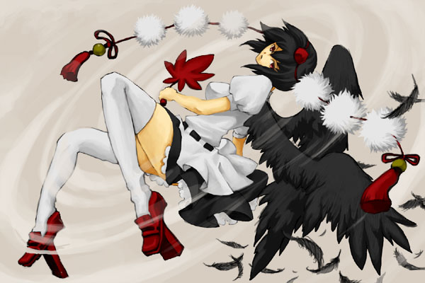 nama (na-ma), shameimaru aya, touhou, bad id, bad pixiv id, 1girl, black wings, female focus, geta, hat, solo, tengu-geta, thighhighs, wings