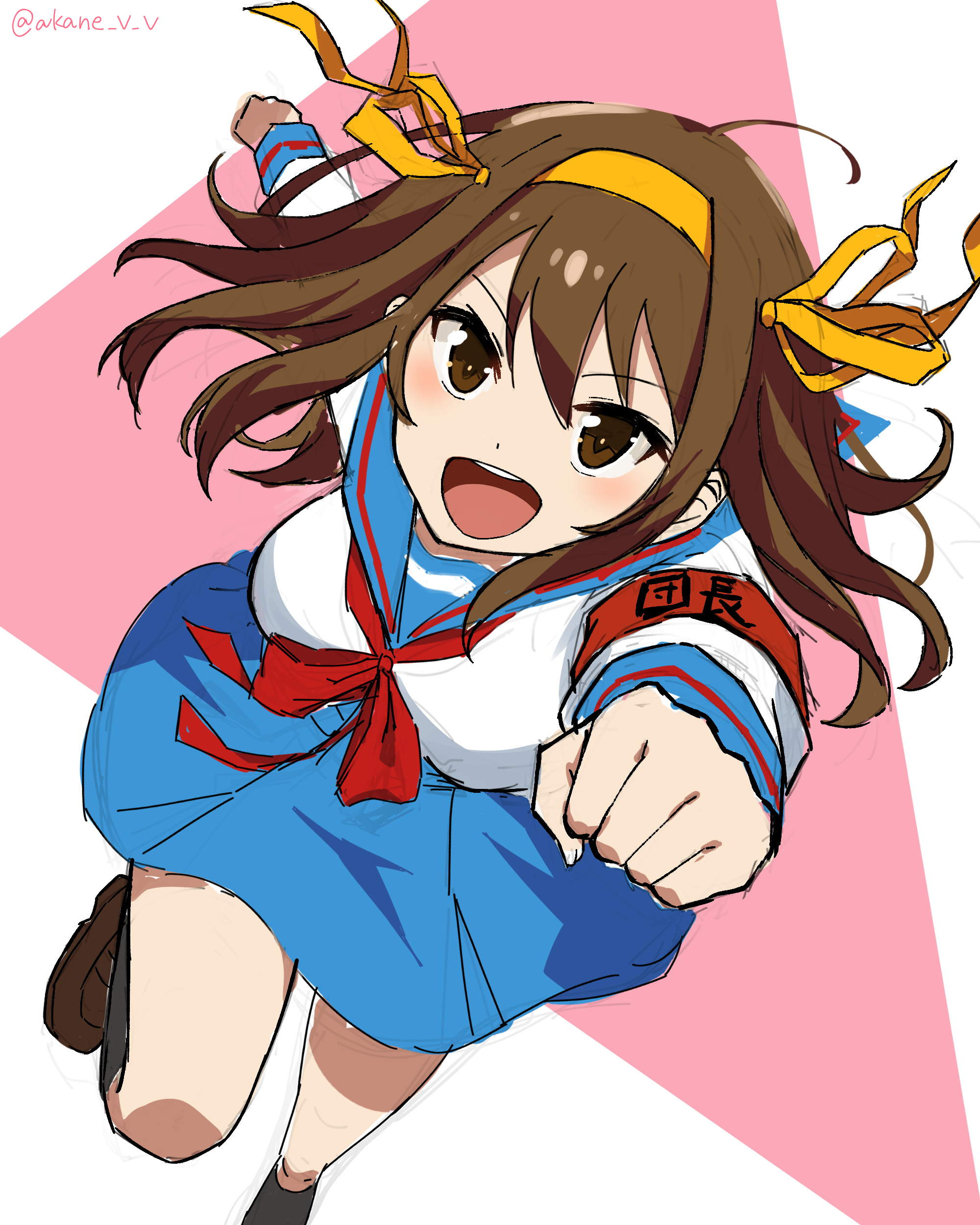akane (akaneoekaki0928), suzumiya haruhi, suzumiya haruhi no yuuutsu, absurdres, commentary, highres, 1girl, :d, armband, black socks, blue sailor collar, blue skirt, breasts, brown eyes, brown hair, brown shoes, feet out of frame, headband, kneehighs, long hair, long sleeves, looking at viewer, medium breasts, miniskirt, neckerchief, one-hour drawing challenge, open mouth, outstretched arm, pleated skirt, red armband, red neckerchief, running, sailor collar, school uniform, serafuku, shirt, shoes, skirt, smile, socks, solo, teeth, twitter username, upper teeth only, white shirt, winter uniform, yellow headband