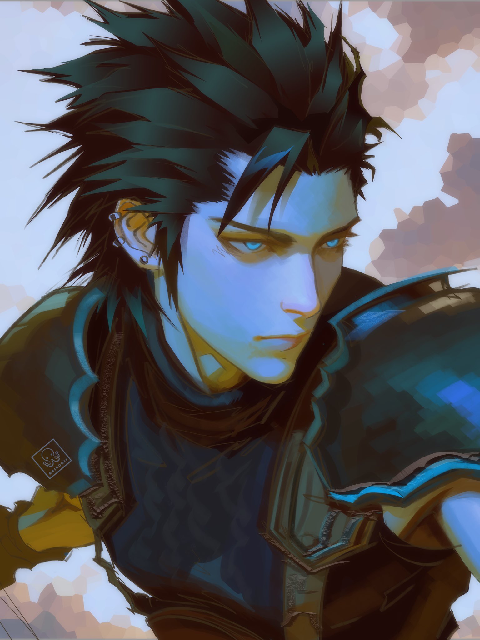 maskoo185826, zack fair, final fantasy, final fantasy vii, commentary, english commentary, highres, 1boy, armor, black gloves, black hair, blue eyes, blue shirt, closed mouth, ear piercing, earrings, gloves, hair slicked back, jewelry, looking ahead, male focus, multiple earrings, outstretched arm, pauldrons, piercing, serious, shirt, shoulder armor, sideburns, solo, stud earrings, suspenders