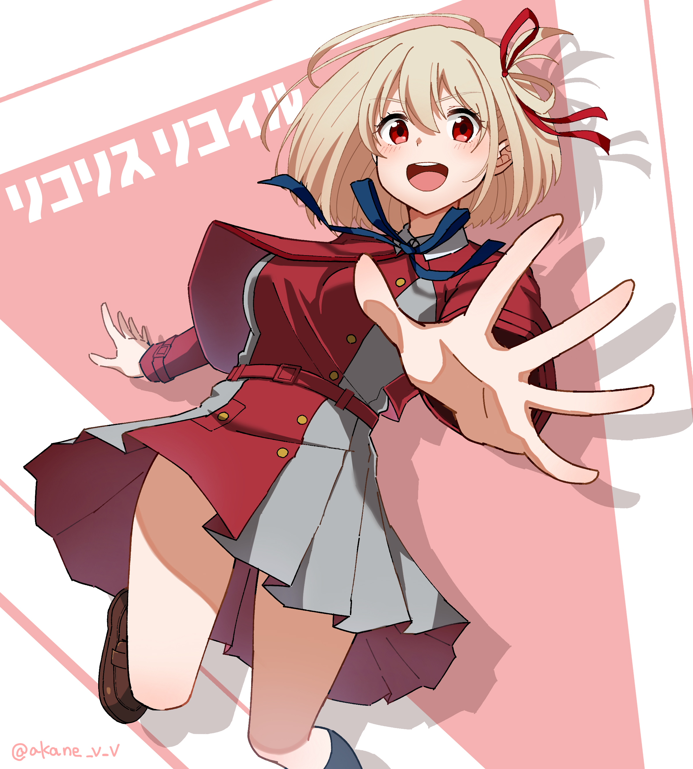 akane (akaneoekaki0928), nishikigi chisato, lycoris recoil, absurdres, commentary, highres, 1girl, black socks, blonde hair, blue ribbon, breasts, brown shoes, dress, drop shadow, foreshortening, hair ribbon, hair rings, jacket, kneehighs, large breasts, loafers, long sleeves, looking at viewer, lycoris uniform, neck ribbon, one side up, open hands, pink background, pleated dress, red dress, red eyes, red jacket, red ribbon, ribbon, shoes, short dress, short hair, single hair ring, socks, solo