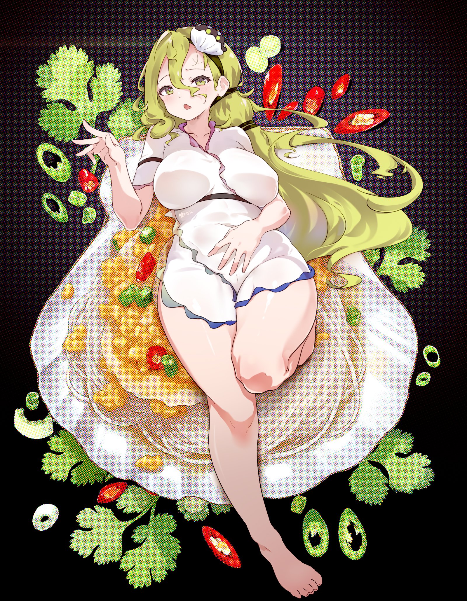 fairyfloss, watari nina, fossilized wonders, touhou, highres, 1girl, bare shoulders, barefoot, blonde hair, breasts, dress, food, large breasts, long hair, looking at viewer, shell, shell hair ornament, solo, thighs, white dress, yellow eyes