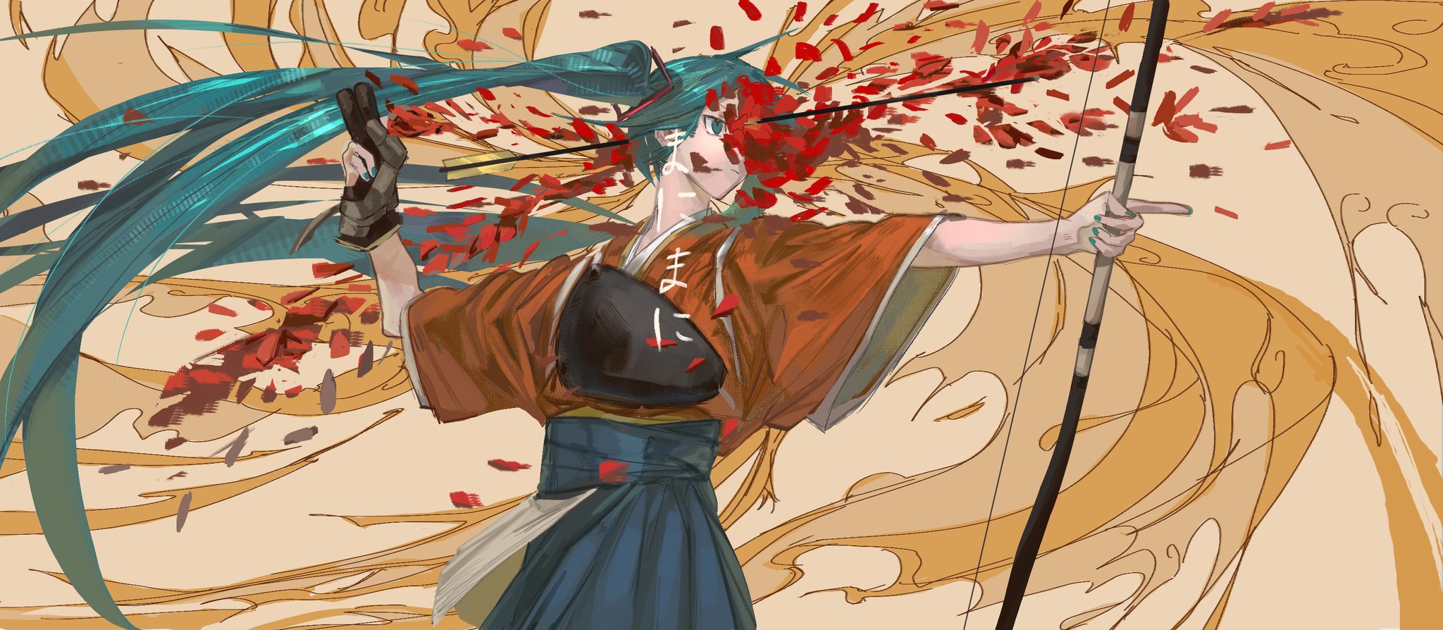 hatsune miku, manimani (vocaloid), vocaloid, highres, 1girl, aiming, aqua eyes, aqua hair, archery, arrow (projectile), blue hakama, bow (weapon), floating hair, gloves, hakama, hakama skirt, holding, holding bow (weapon), holding weapon, japanese clothes, kimono, kyuudou, long hair, muneate, partially fingerless gloves, partly fingerless gloves, petals, ponytail, rminari74, single glove, skirt, smile, solo, tasuki, twintails, very long hair, weapon, yugake