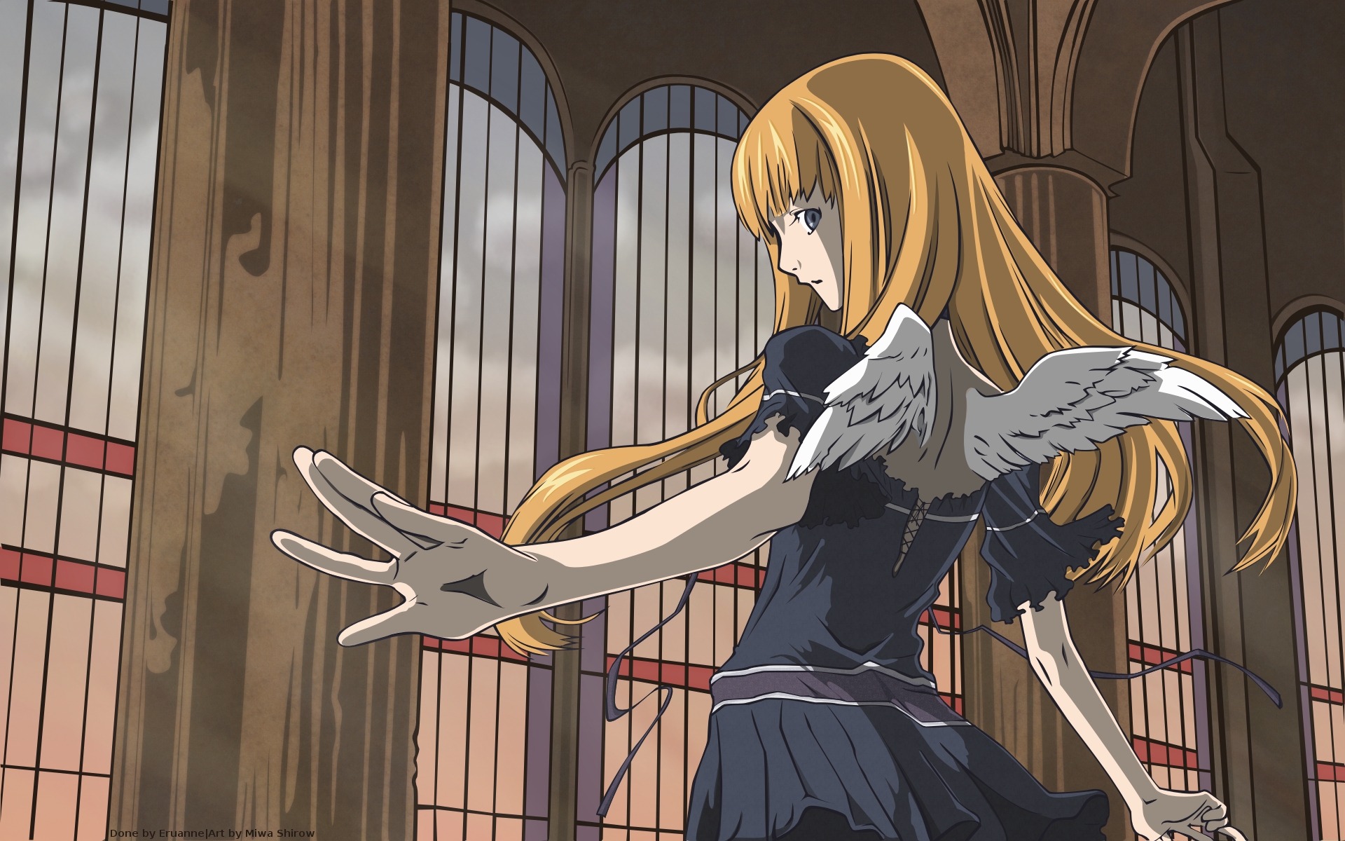 nill, dogs: bullets & carnage, highres, 1girl, blonde hair, church, cloud, dog, female focus, from behind, indoors, long hair, looking back, sky, solo, standing