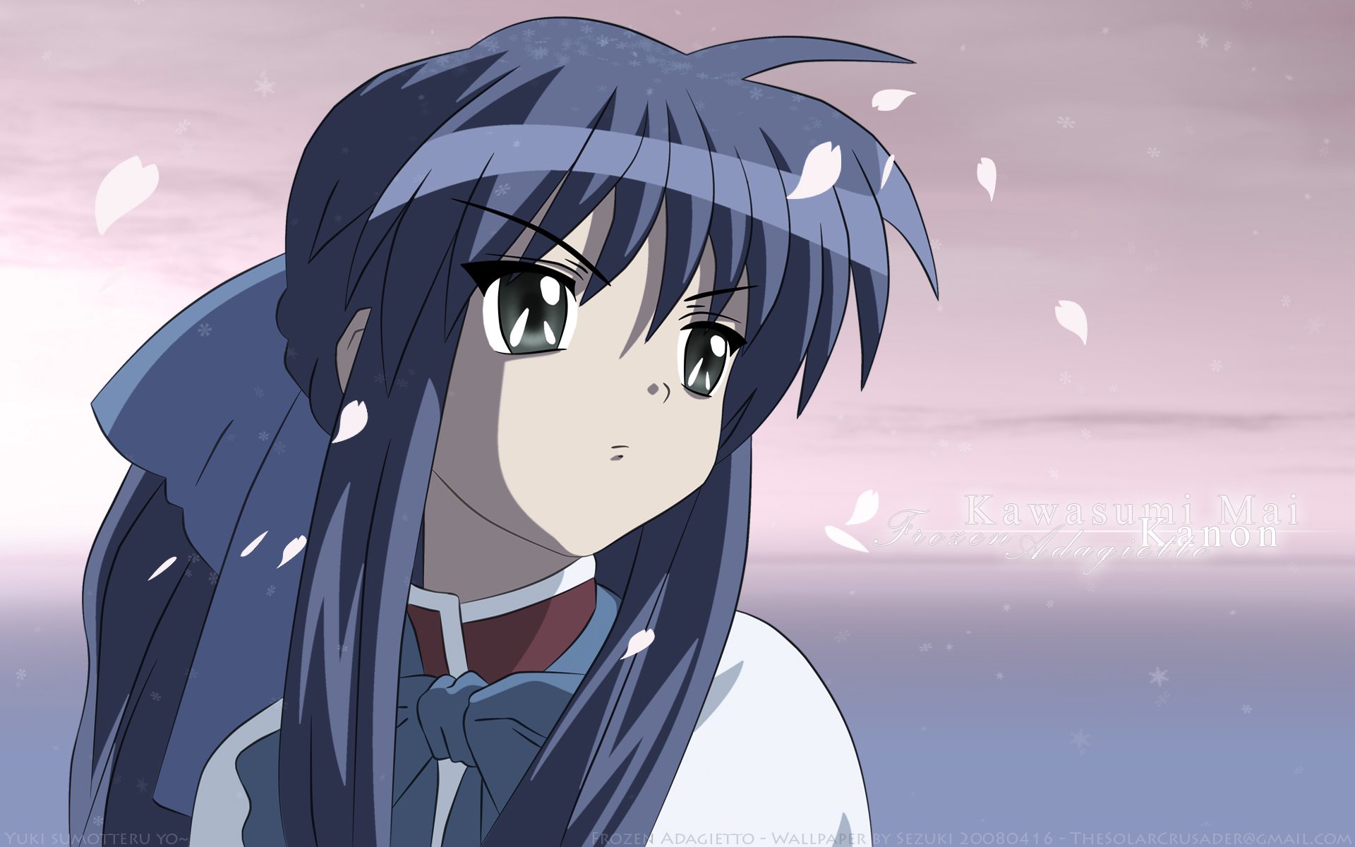 kawasumi mai, kanon, highres, black hair, bow, cherry blossoms, grey eyes, hair bow, leaf, school uniform, serafuku, snow, snowflakes