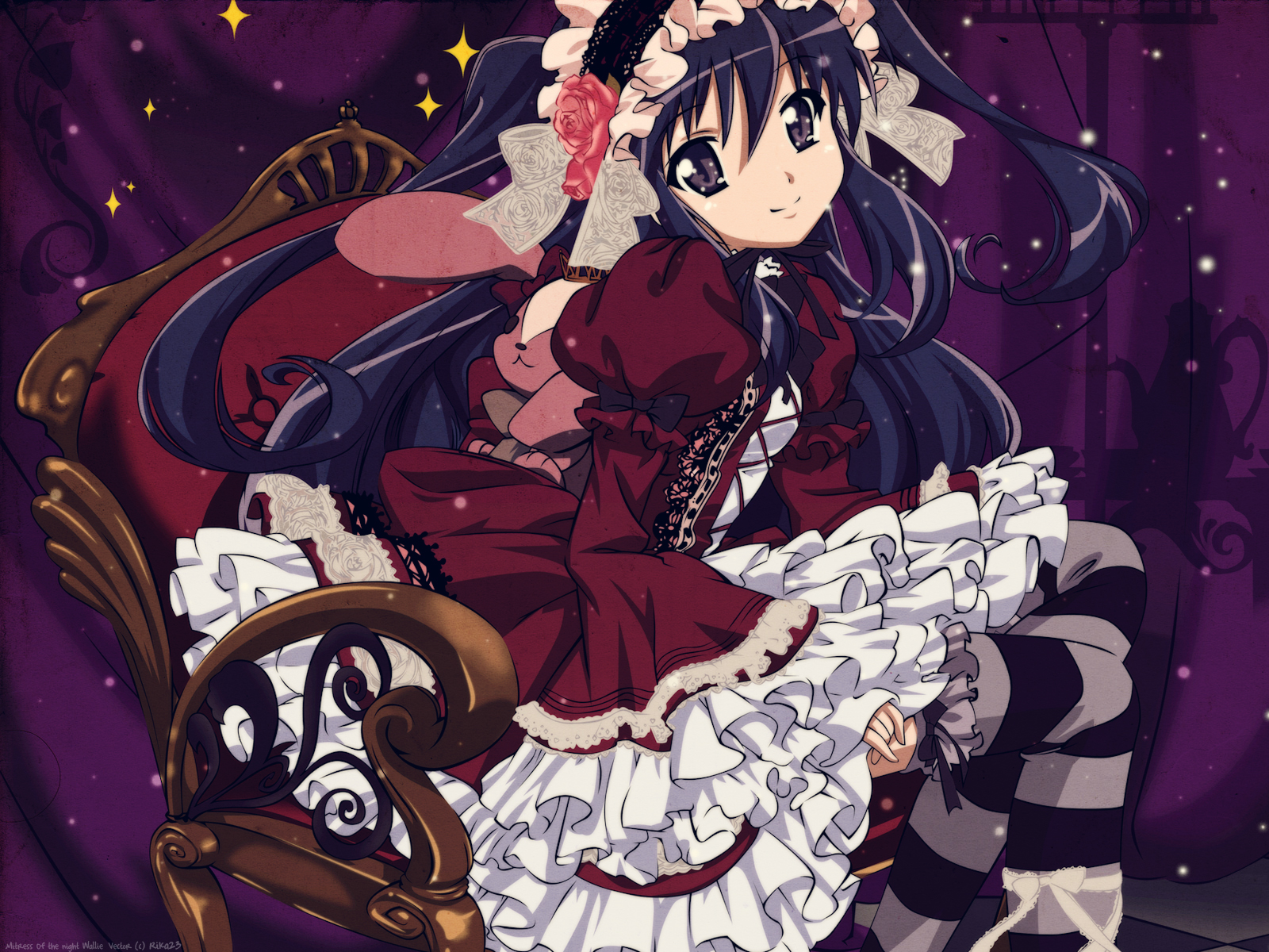 shana, shakugan no shana, highres, 00s, 1girl, dress, female focus, frills, goth fashion, gothic lolita, hairband, lace, lolita fashion, lolita hairband, smile, solo, striped clothes, striped thighhighs, stuffed animal, stuffed rabbit, stuffed toy, thighhighs
